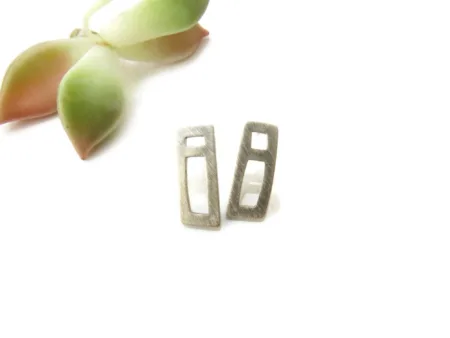 Asymmetrical Brushed Silver Stud Earrings