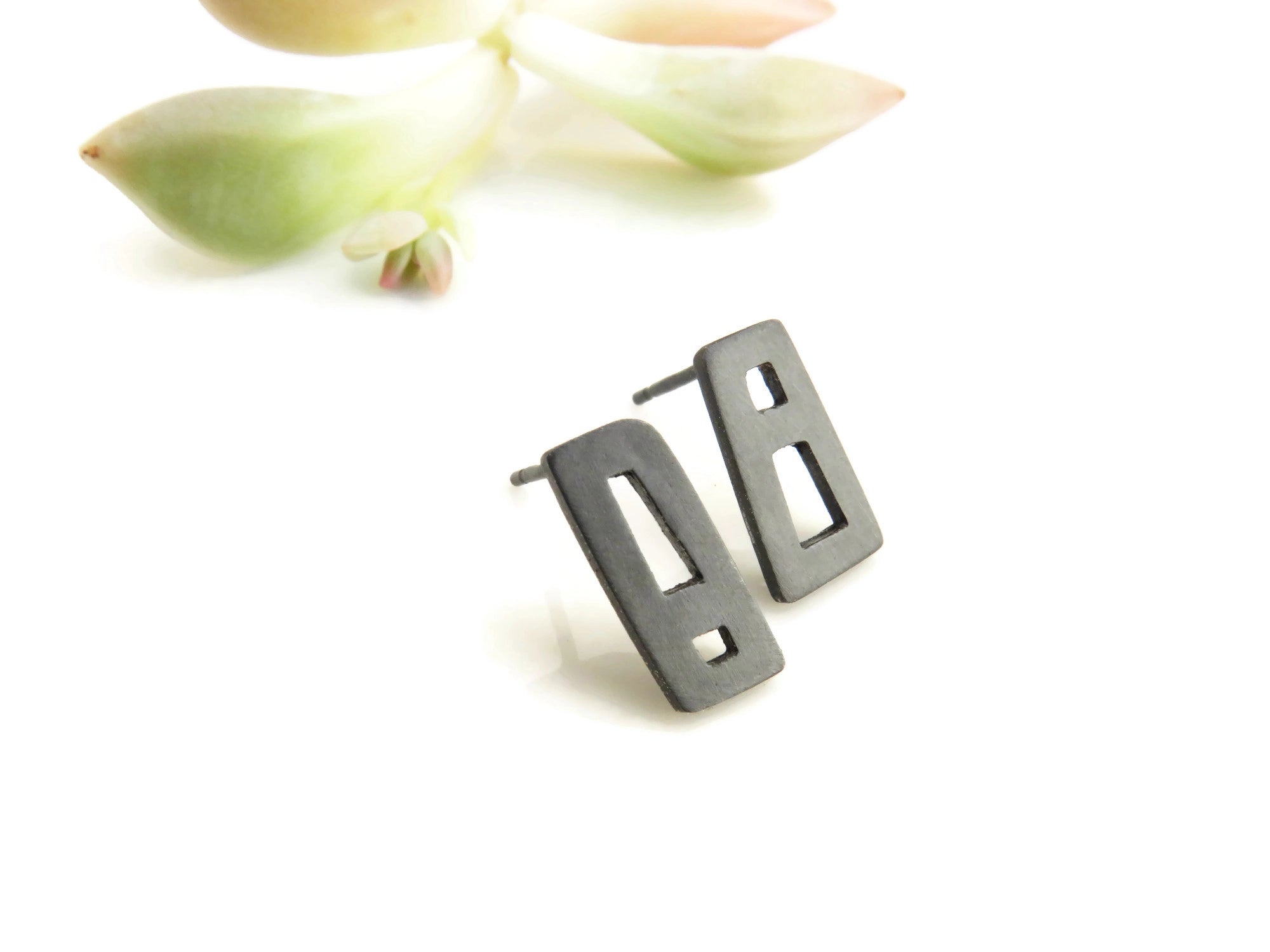 Black Silver Unmatched Stud Earrings