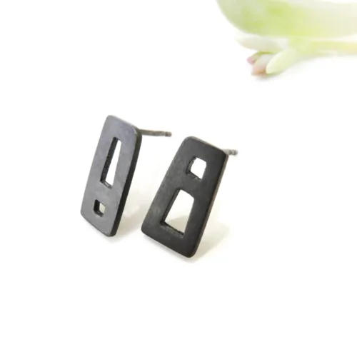 Black Silver Unmatched Stud Earrings