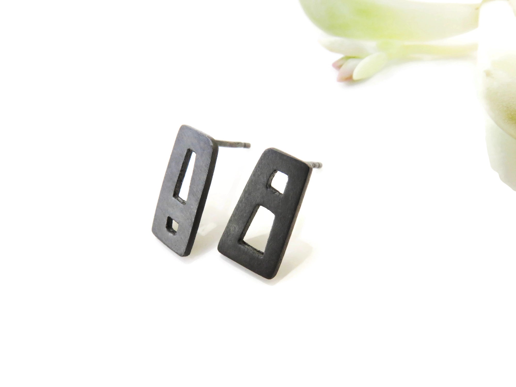 Black Silver Unmatched Stud Earrings