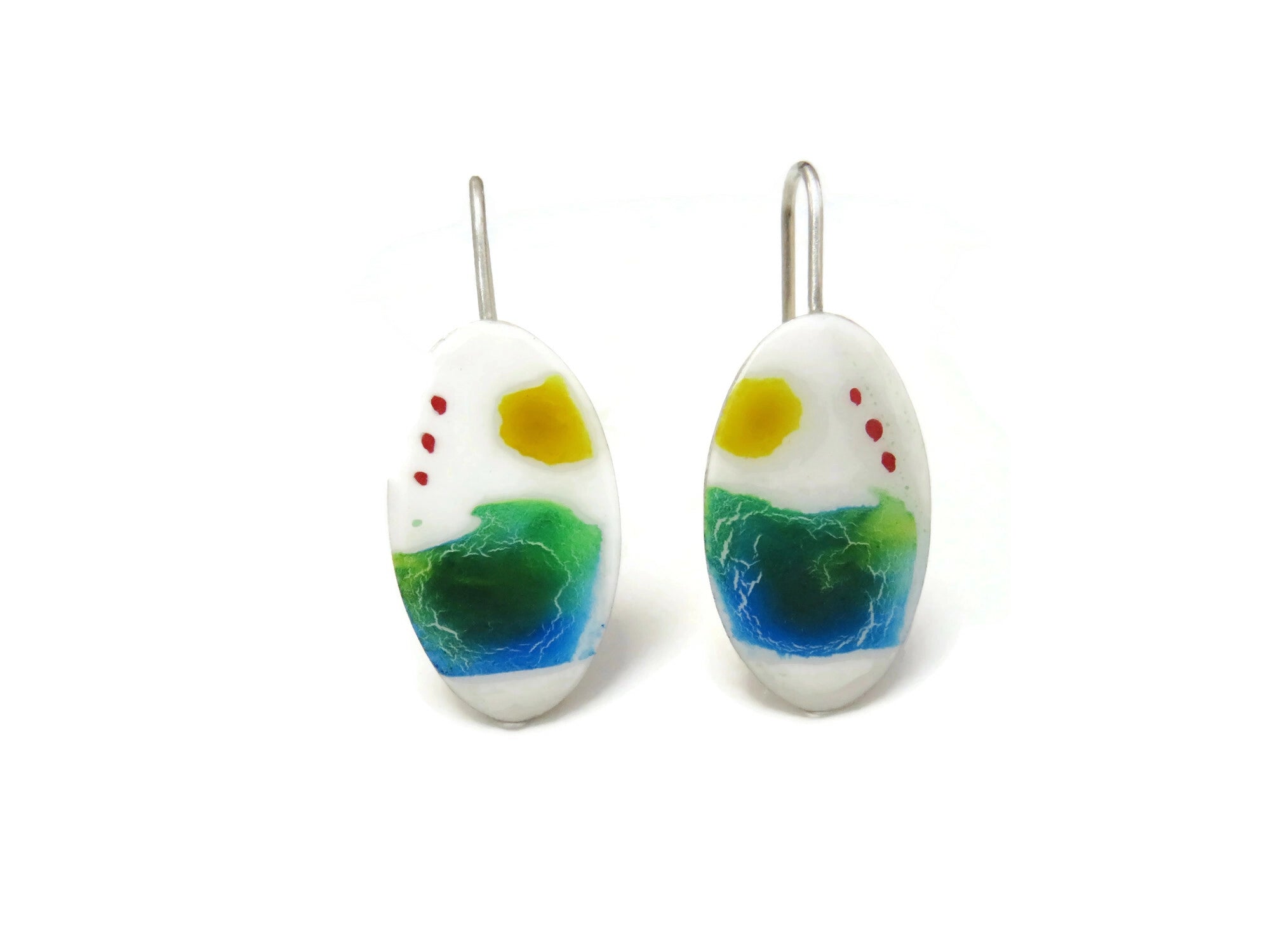 Painted Enameled Silver Dangle Earrings