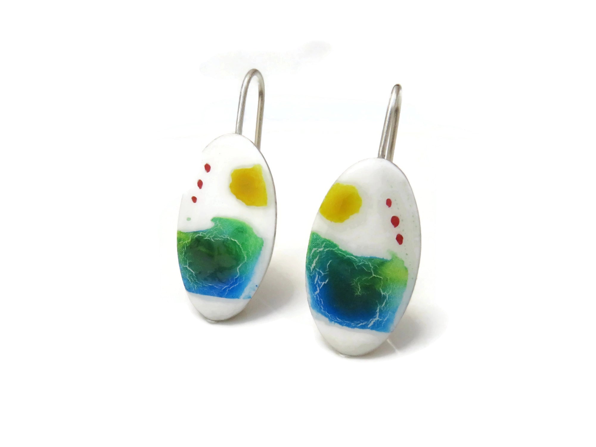 Painted Enameled Silver Dangle Earrings