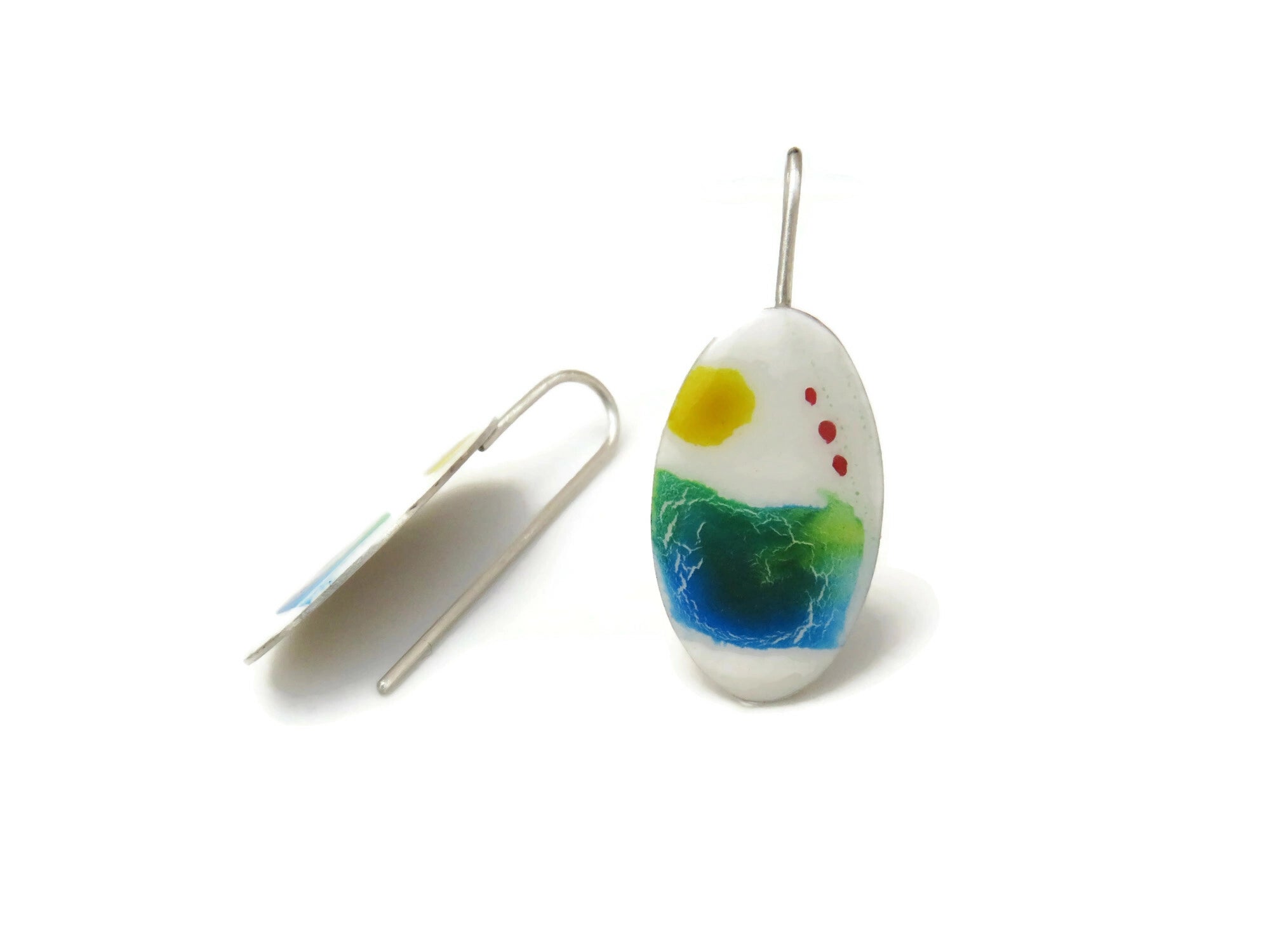 Painted Enameled Silver Dangle Earrings