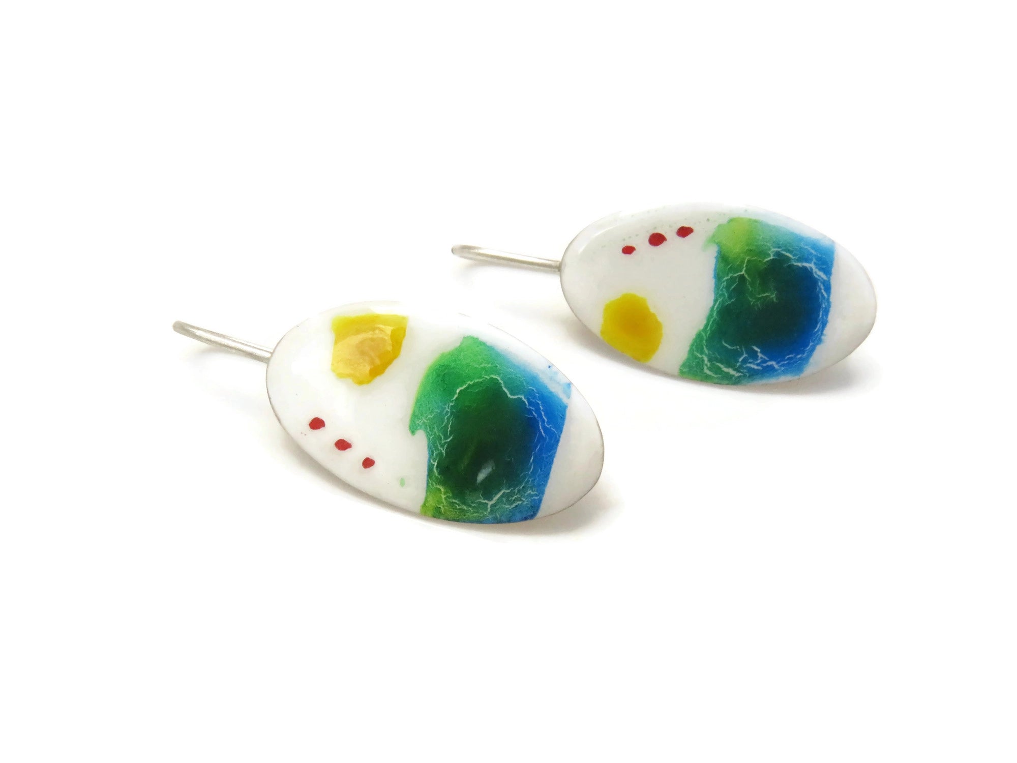 Painted Enameled Silver Dangle Earrings