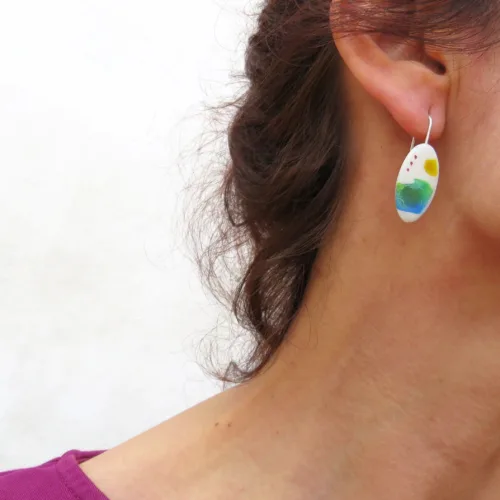 Painted Enameled Silver Dangle Earrings