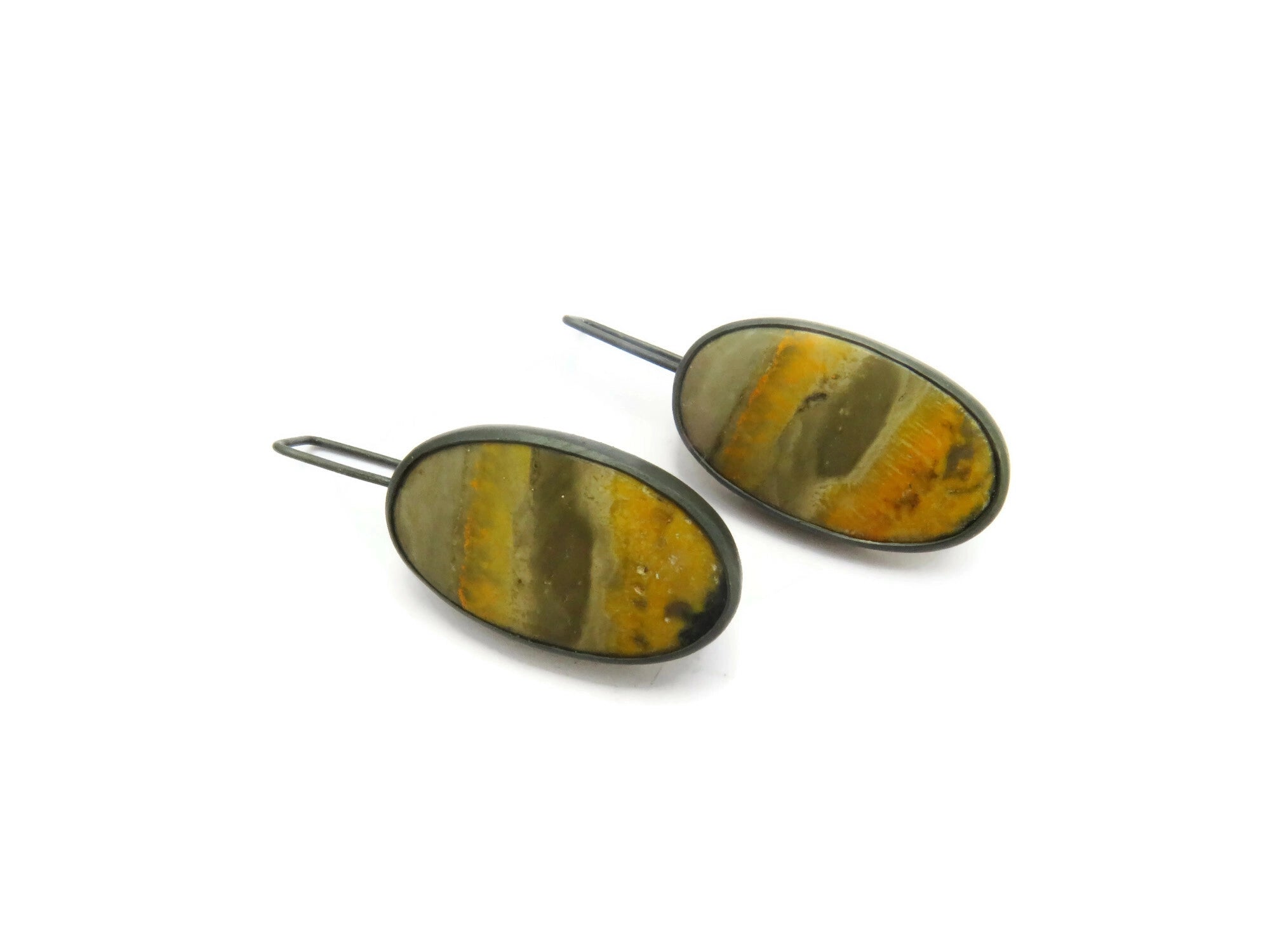 Bumble Bee Jasper Earrings in Oxidized Silver