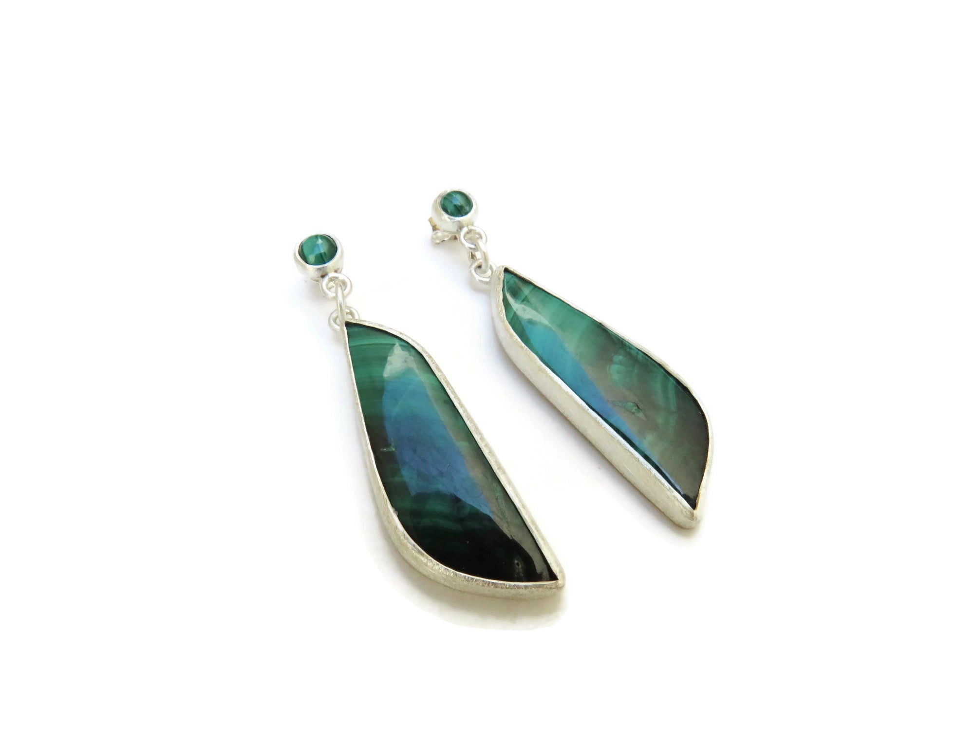 Long Malachite Silver Drop Earrings