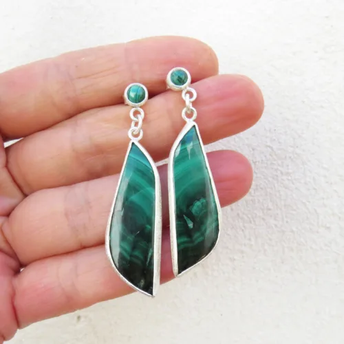Long Malachite Silver Drop Earrings