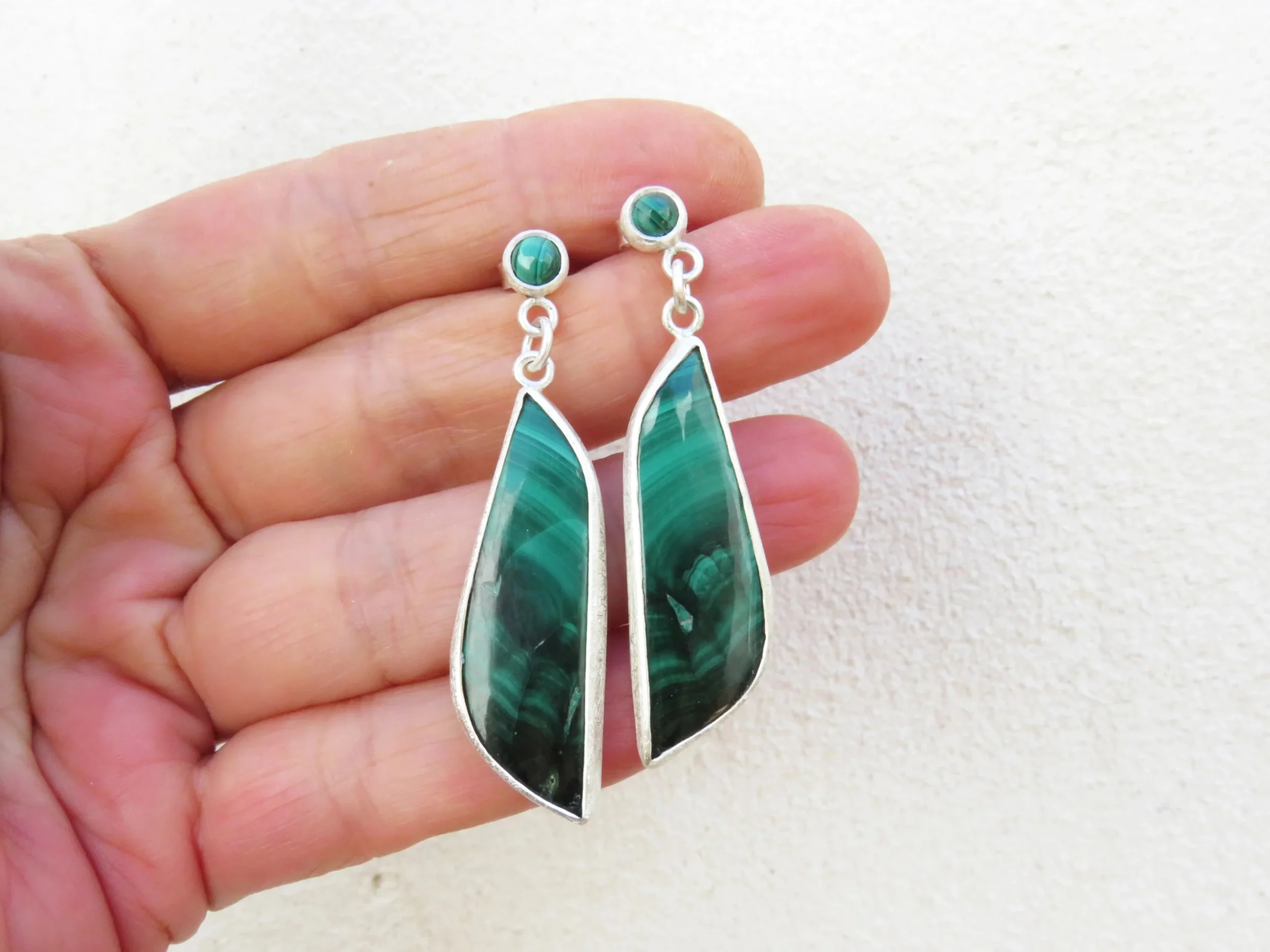 Long Malachite Silver Drop Earrings