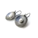 Pearl Silver Dangle Earrings with Embossed Pattern