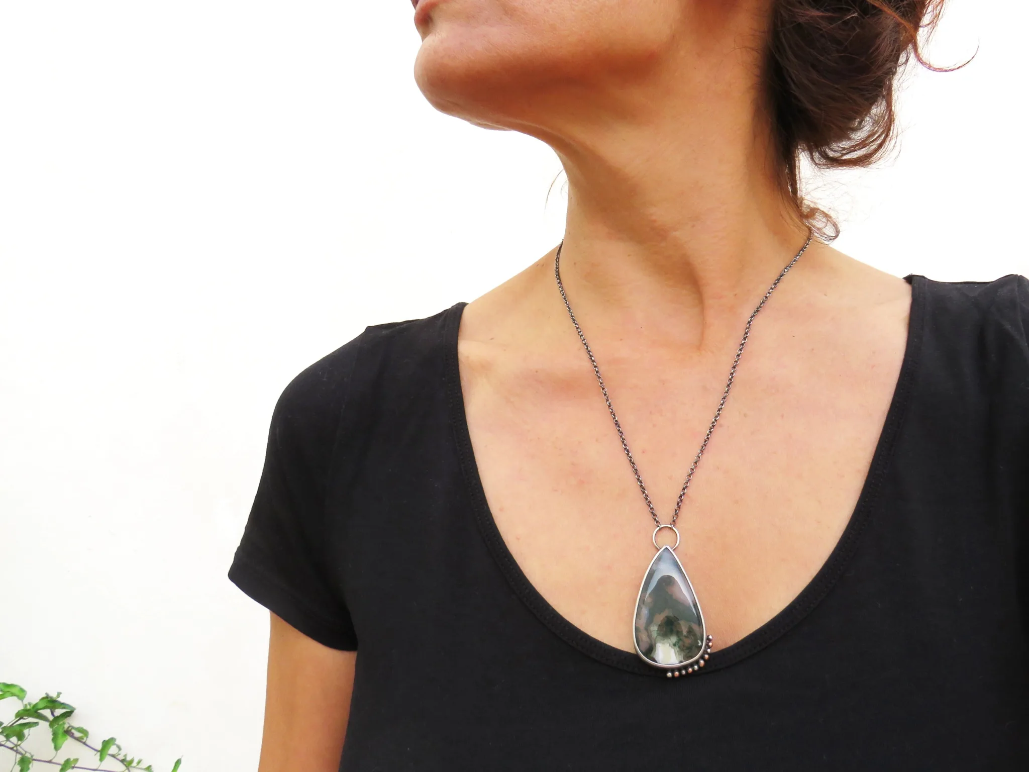 Large Moss Agate Silver Pendant