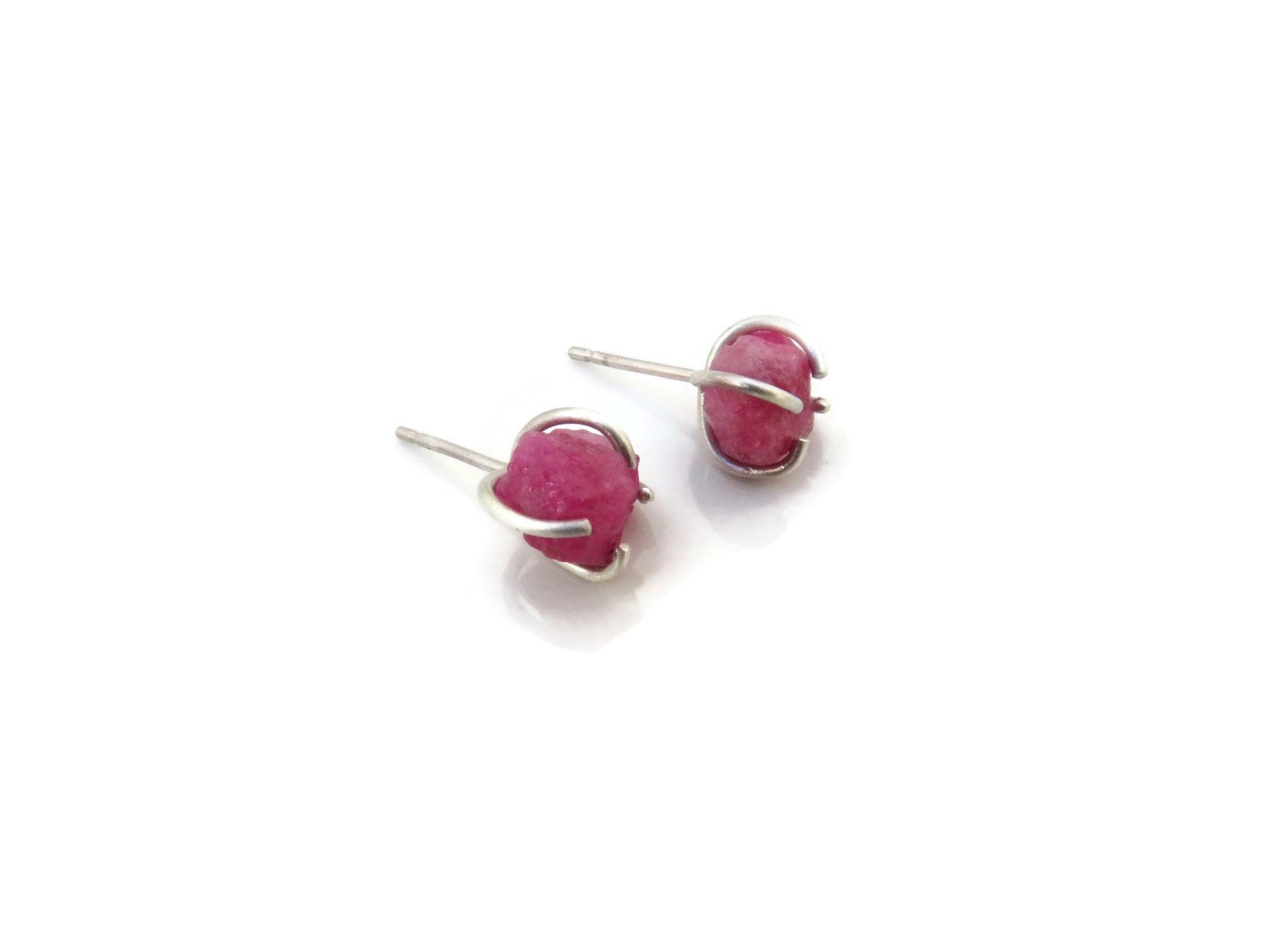 Rough Ruby Stud Earrings in Silver