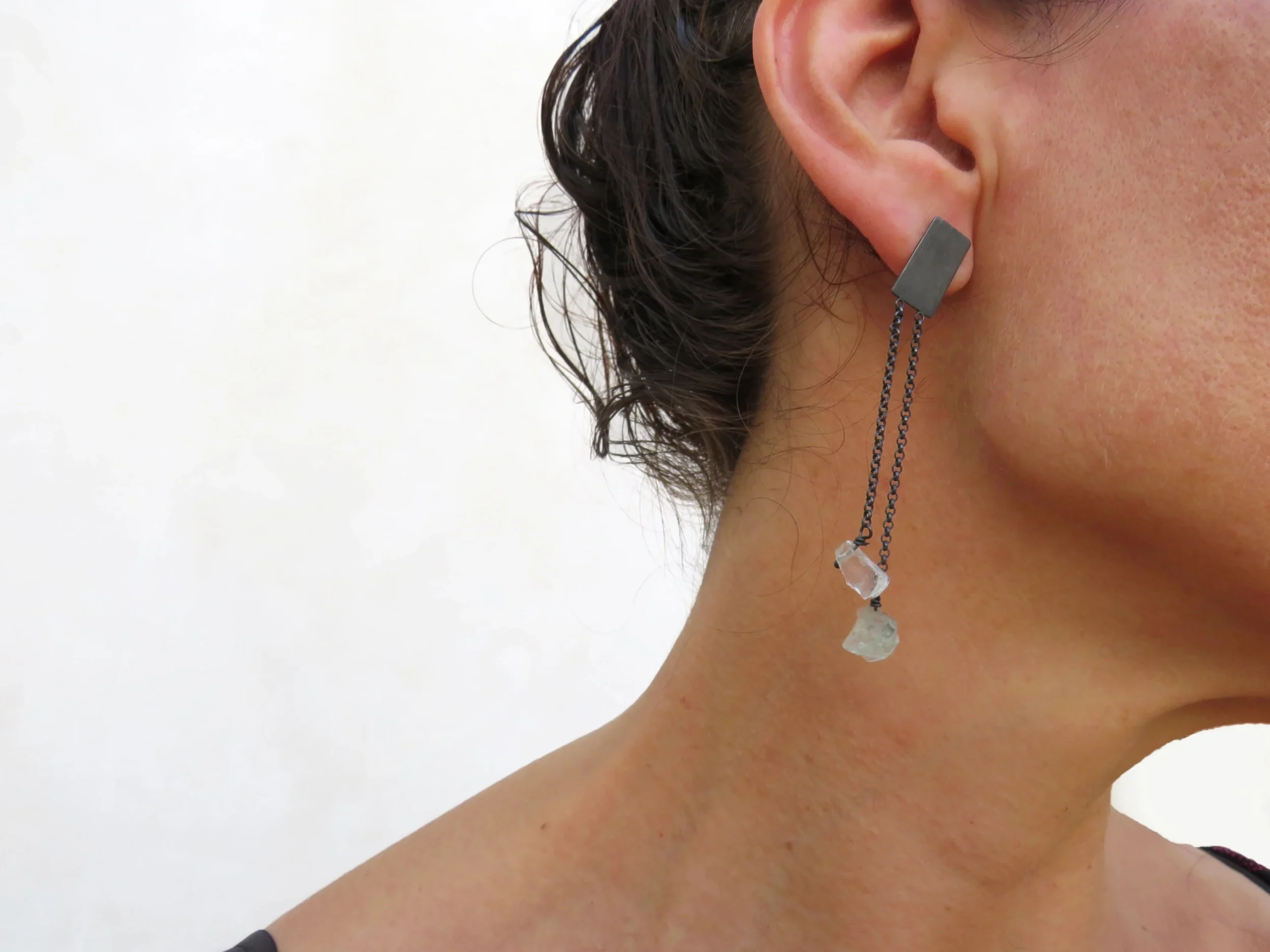 Threader Earrings with Rough Aquamarine in Oxidized Silver