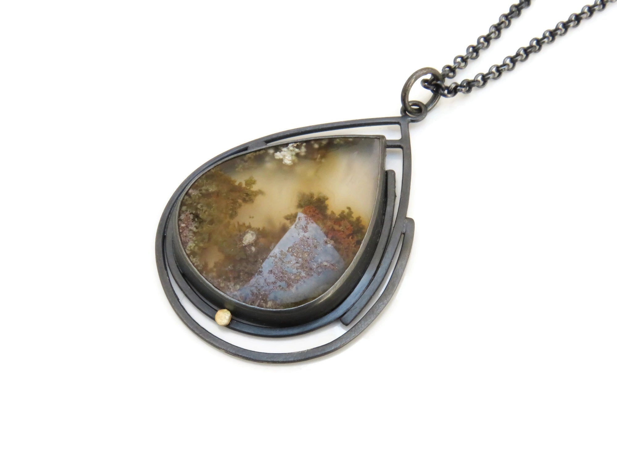 Moss Agate Oxidized Silver Necklace