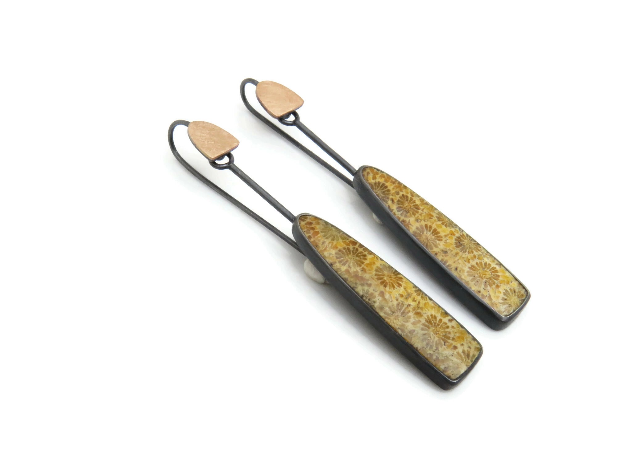 Fossil Coral Earrings in Oxidized silver and Gold