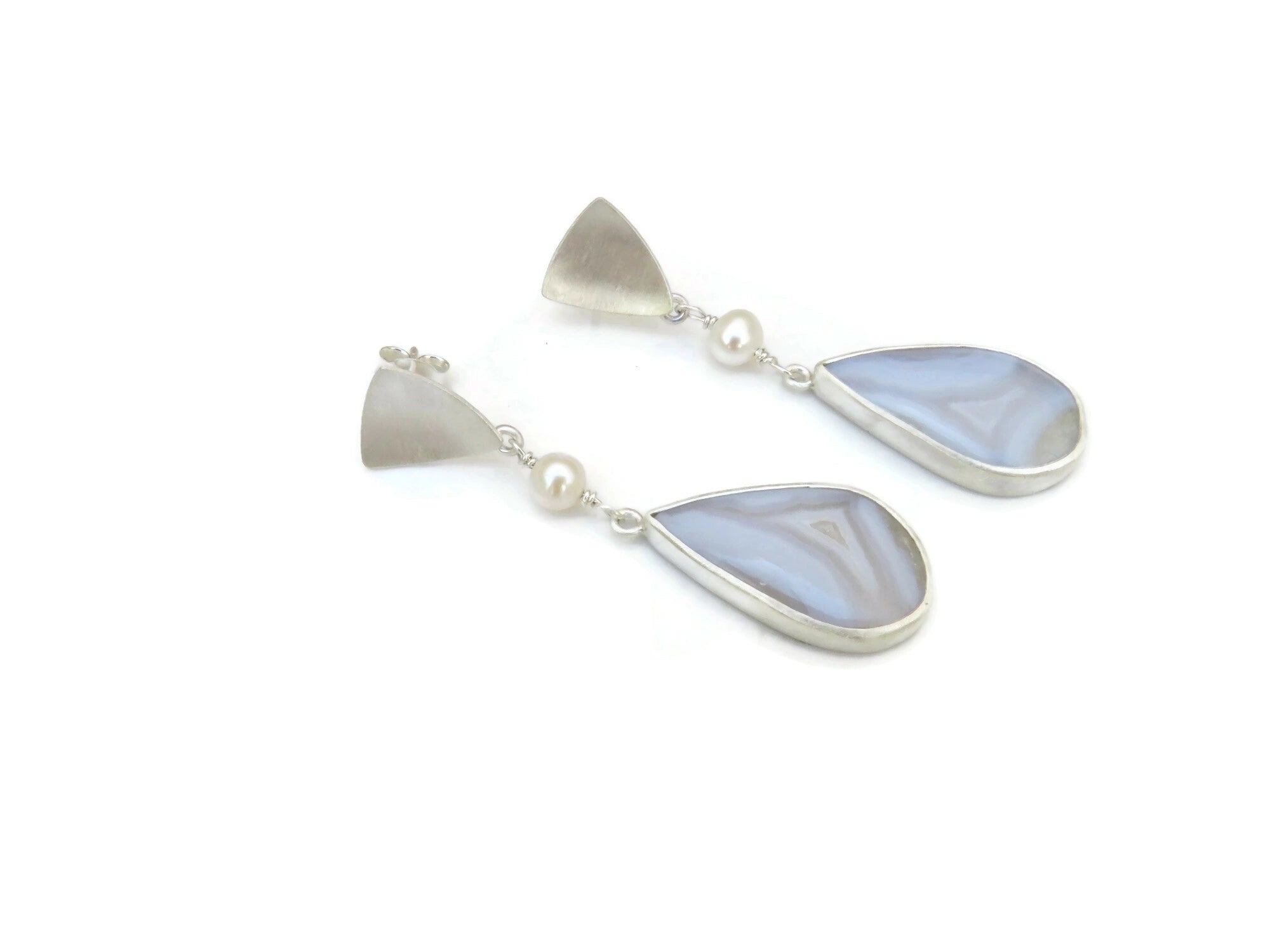 White Agate Silver Earrings with Pearls