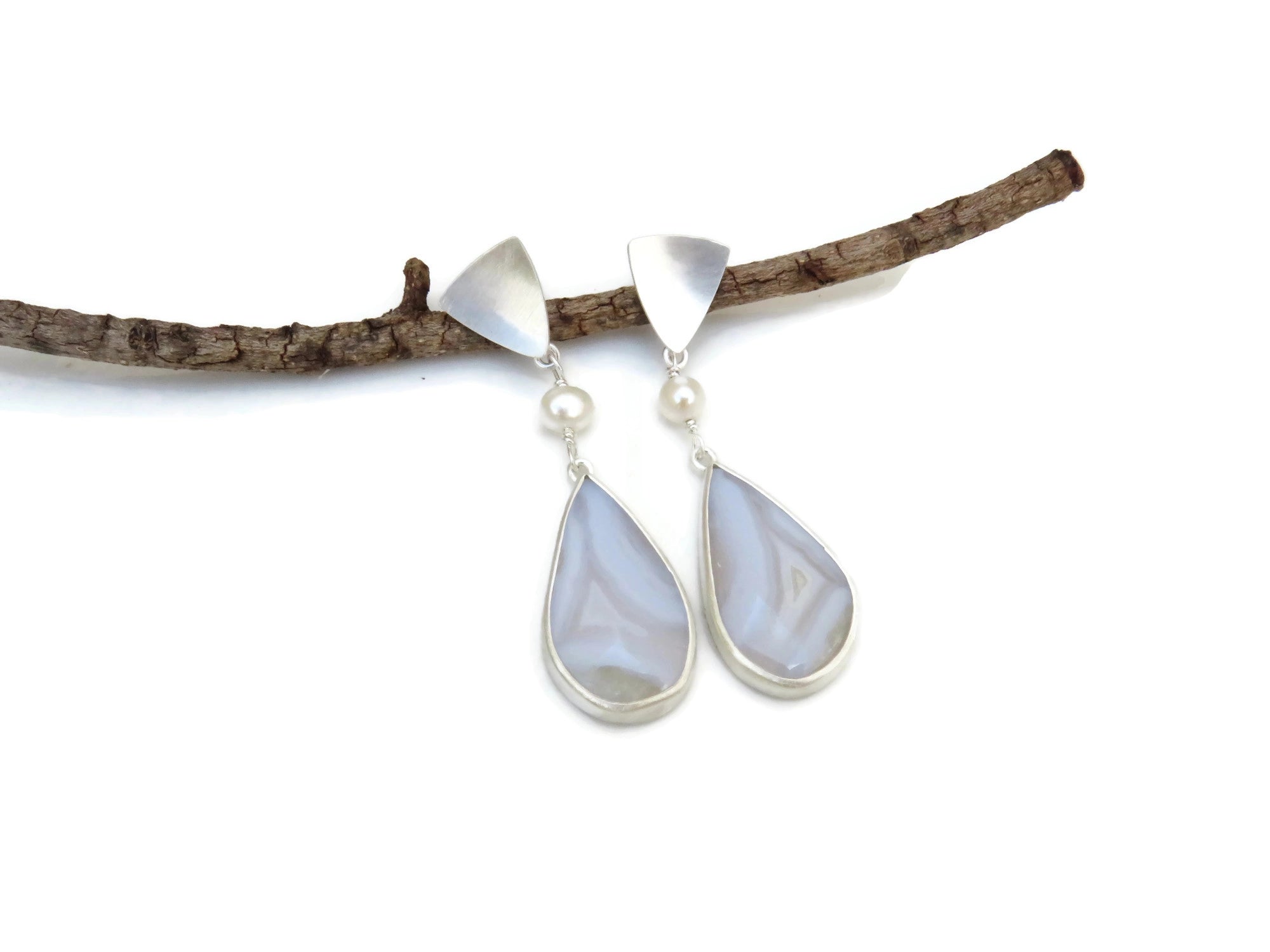 White Agate Silver Earrings with Pearls