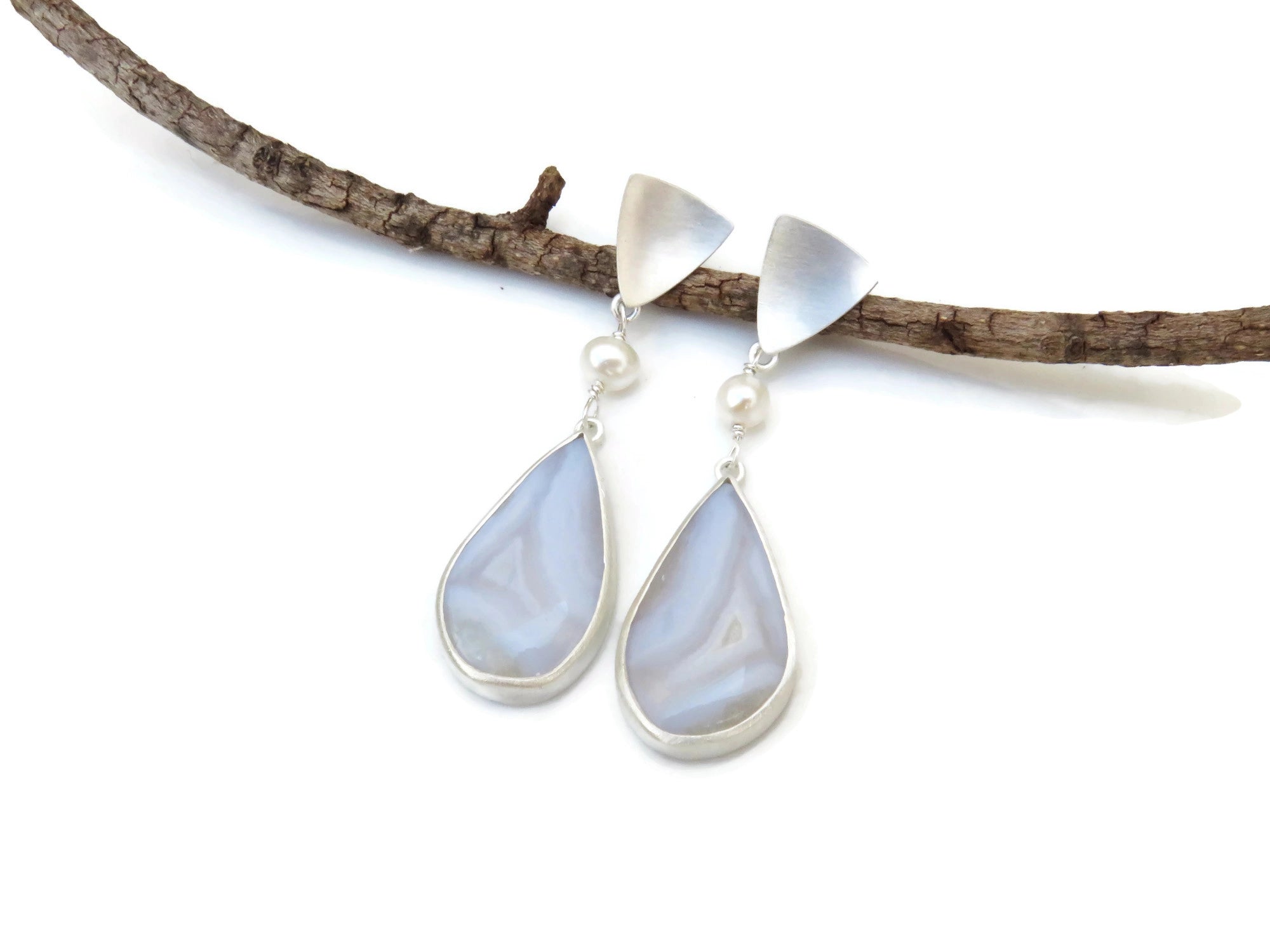 White Agate Silver Earrings with Pearls