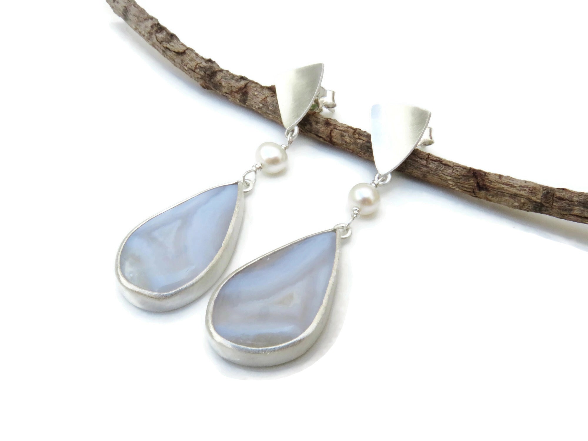 White Agate Silver Earrings with Pearls