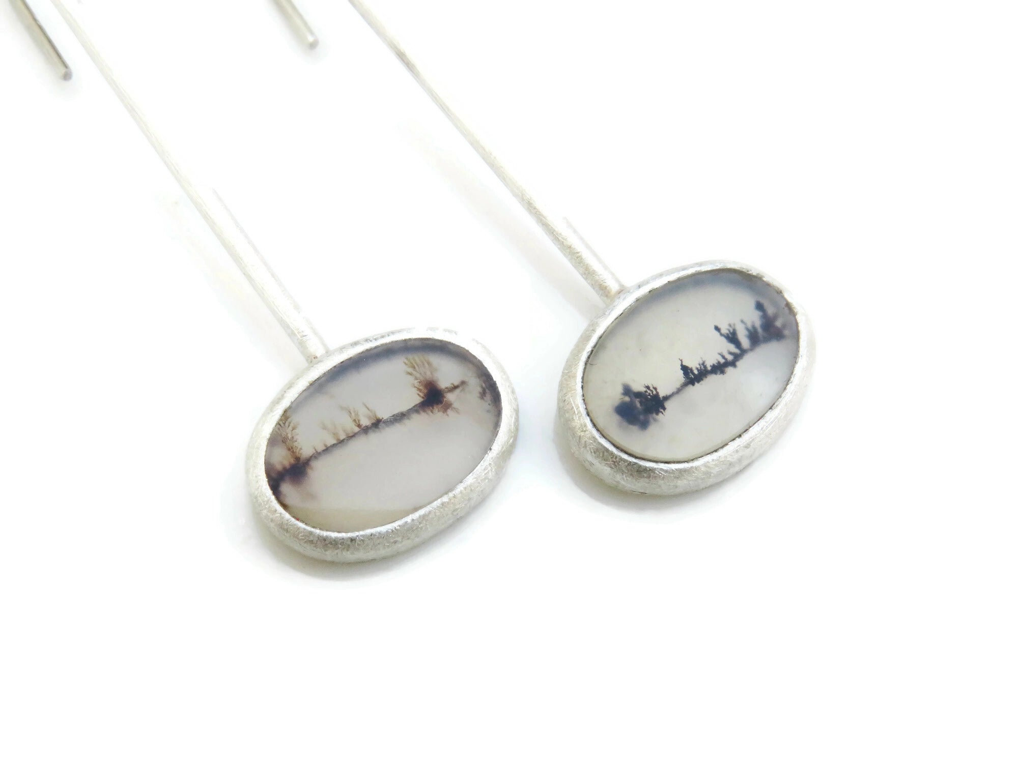 Long Silver Earrings with Scenic Agate