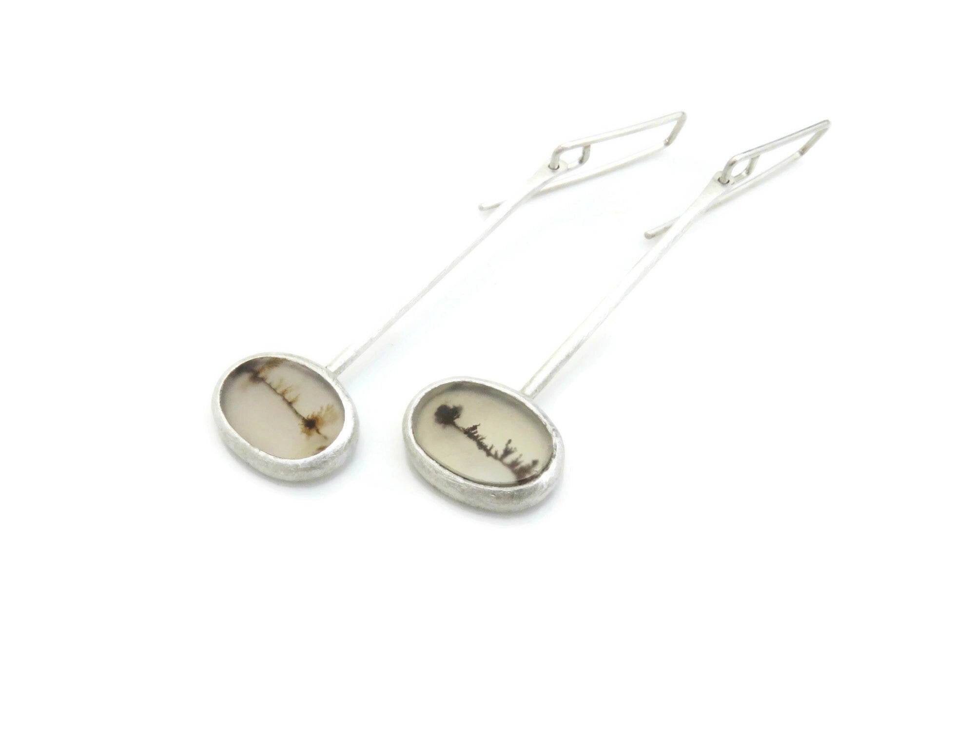 Long Silver Earrings with Scenic Agate