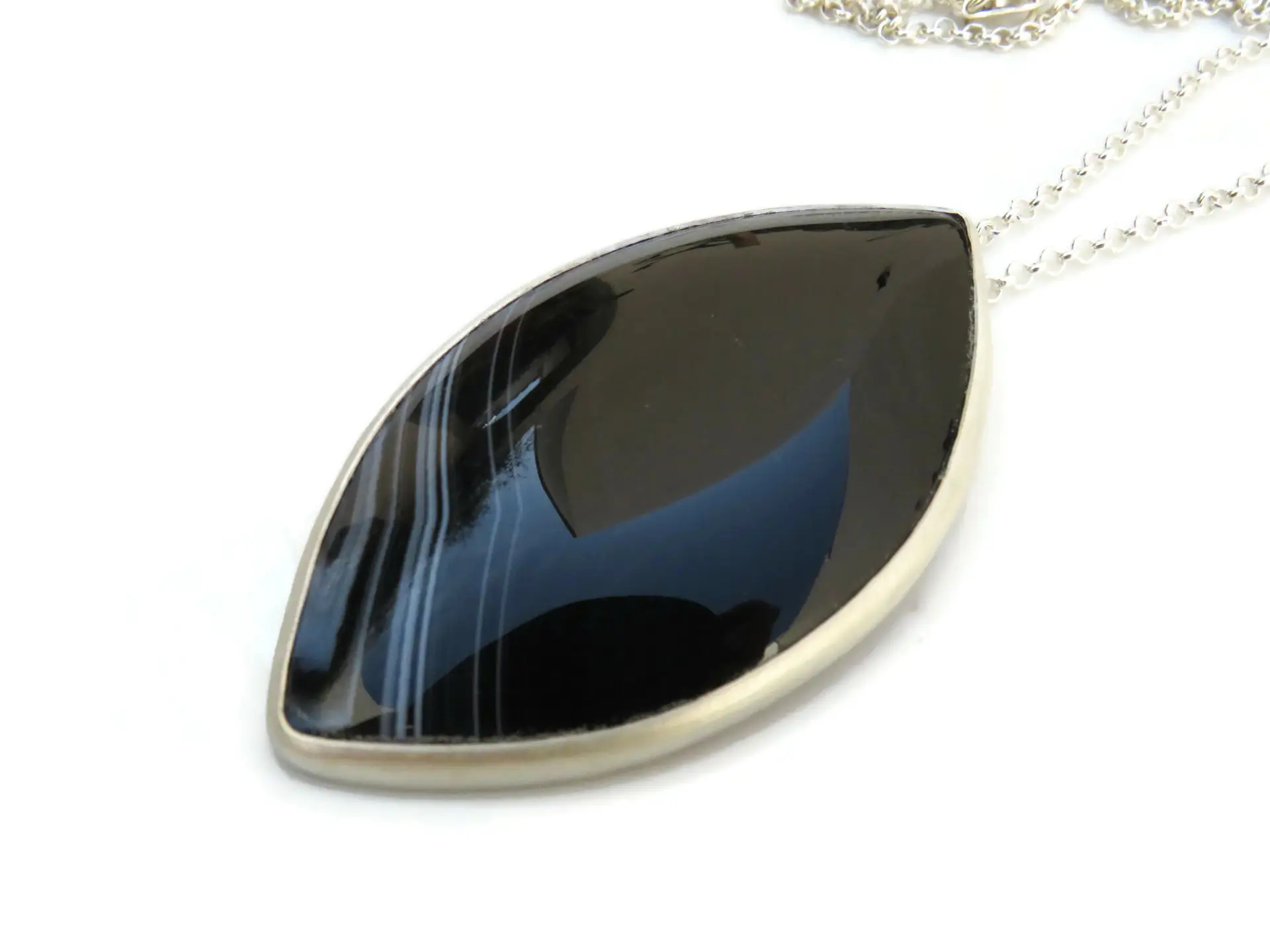 Large Onyx Pendant Silver Necklace