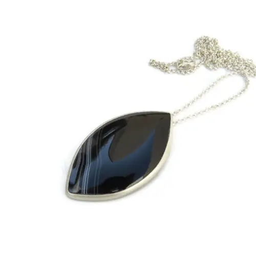Large Onyx Pendant Silver Necklace