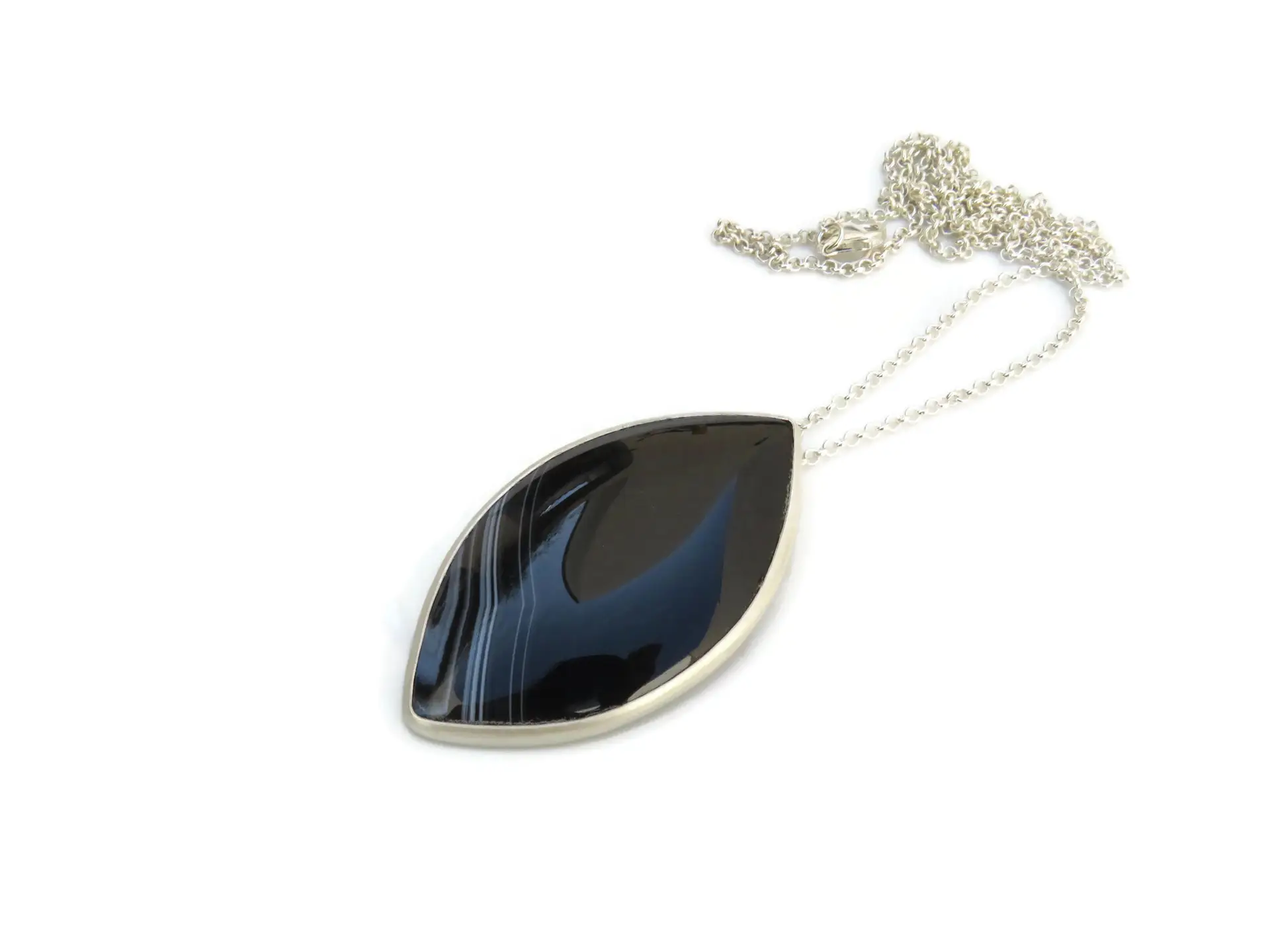 Large Onyx Pendant Silver Necklace