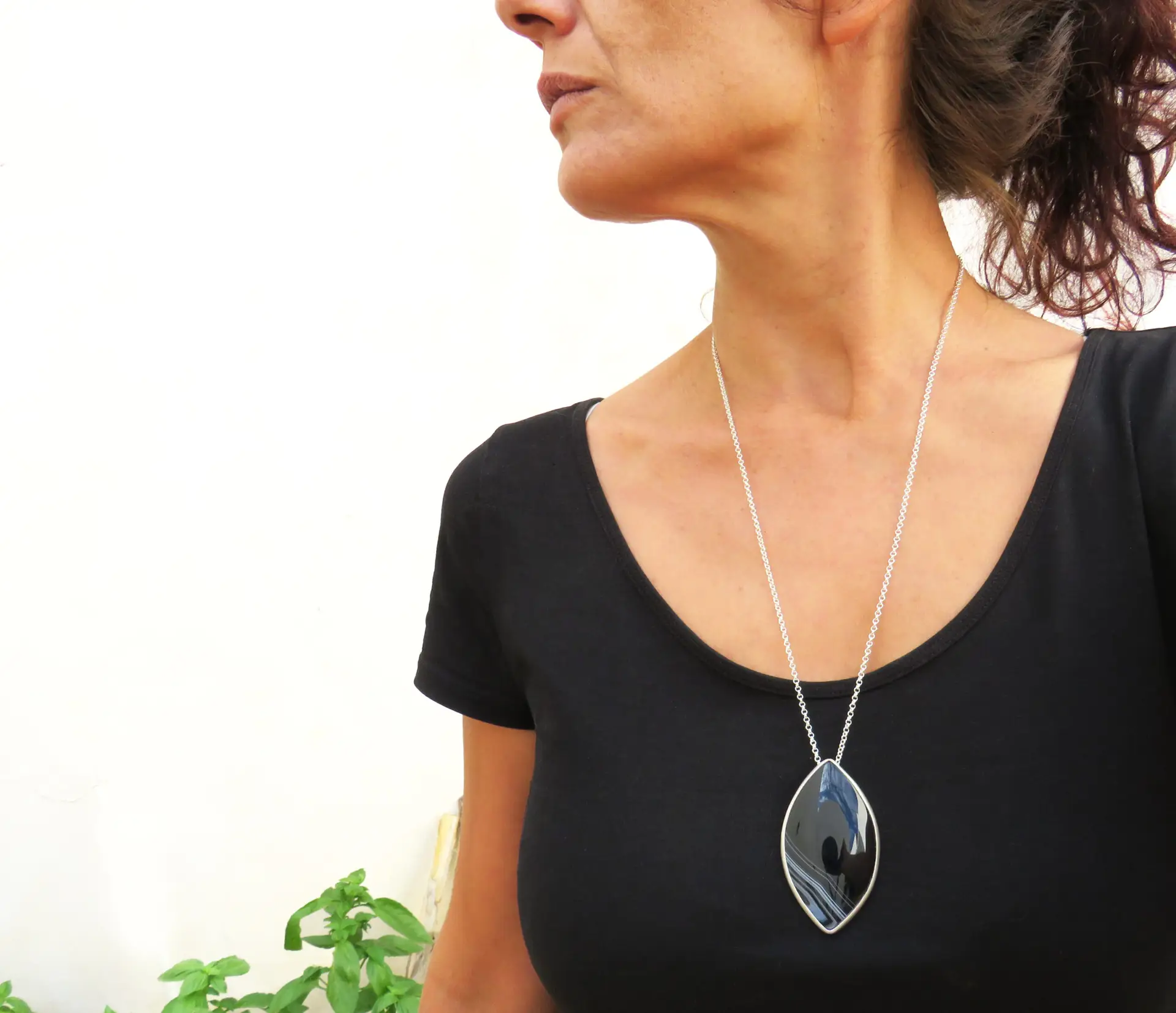 Large Onyx Pendant Silver Necklace