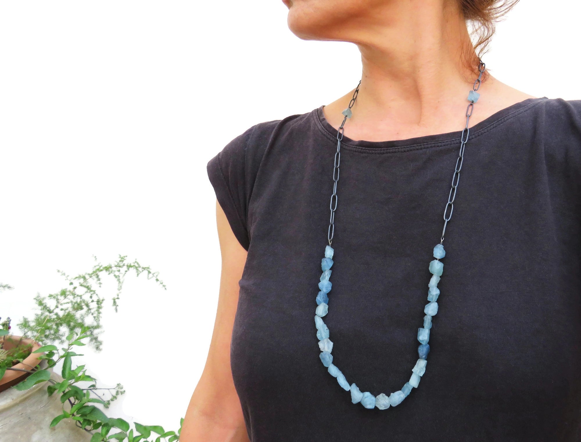 Long Necklace with Rough Aquamarine Beads