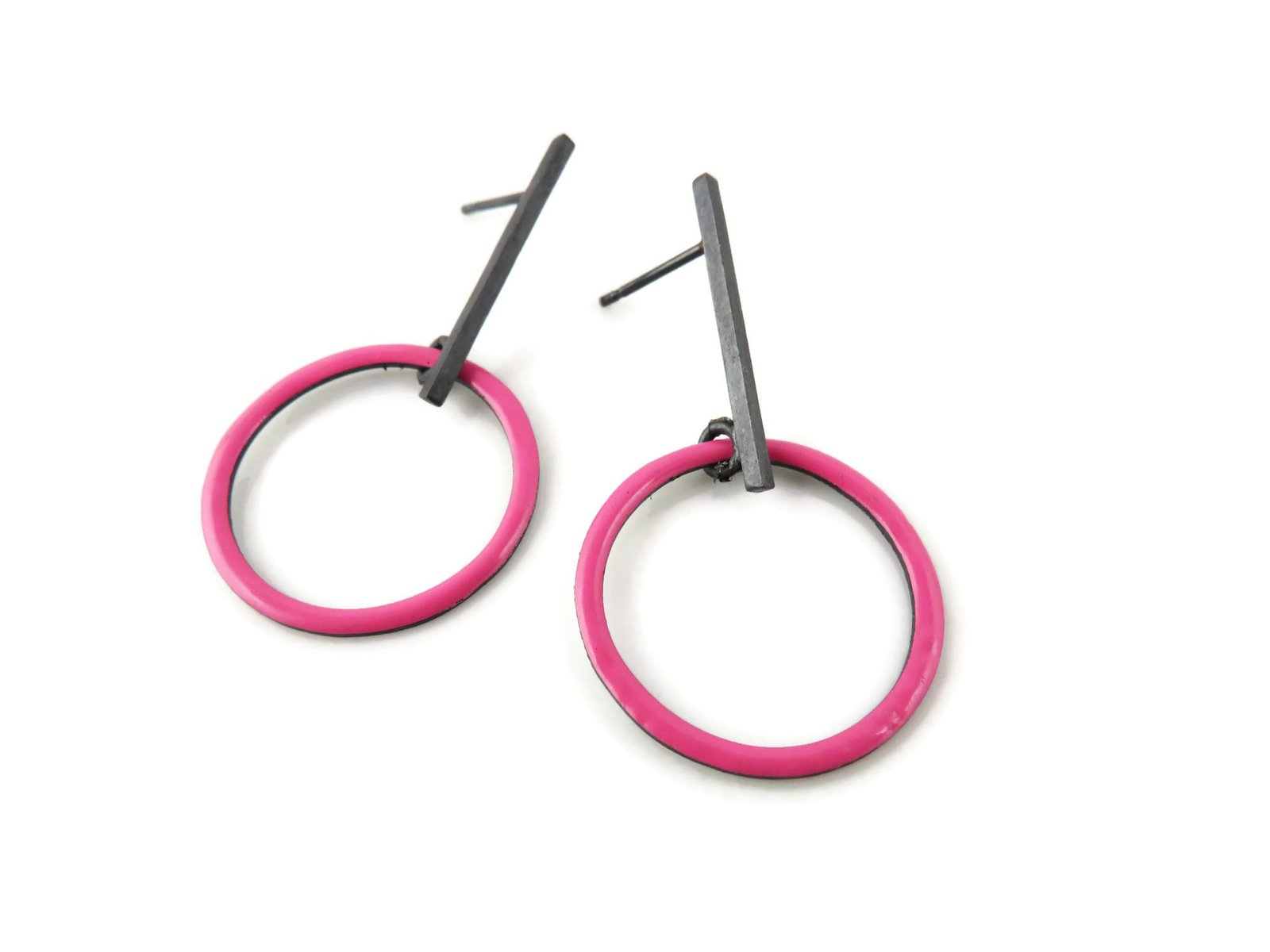 Vivid Pink Enamel Hoop Earrings