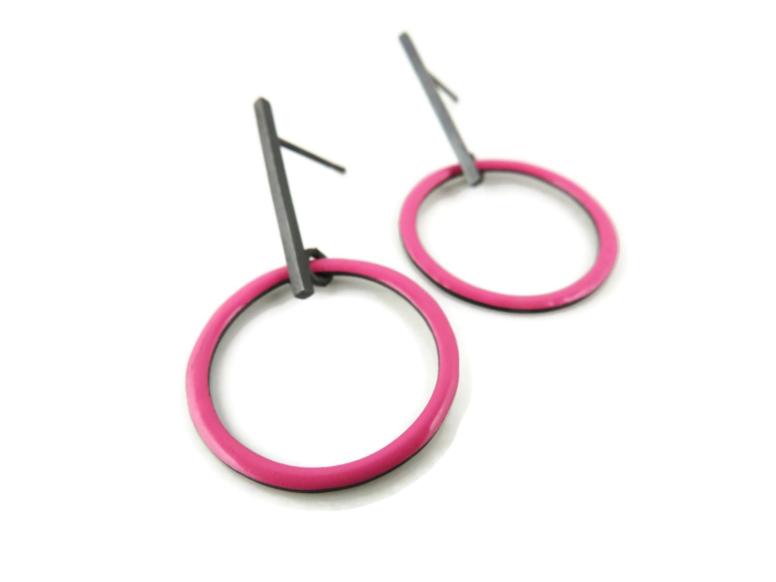 Vivid Pink Enamel Hoop Earrings