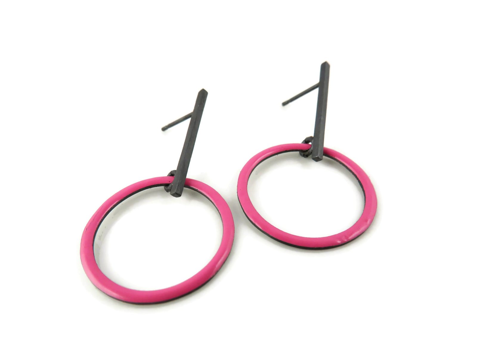 Vivid Pink Enamel Hoop Earrings