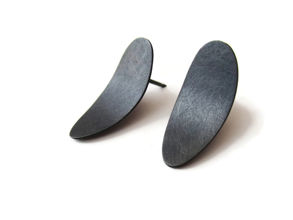 Oxidized Silver Oval Stud Earrings