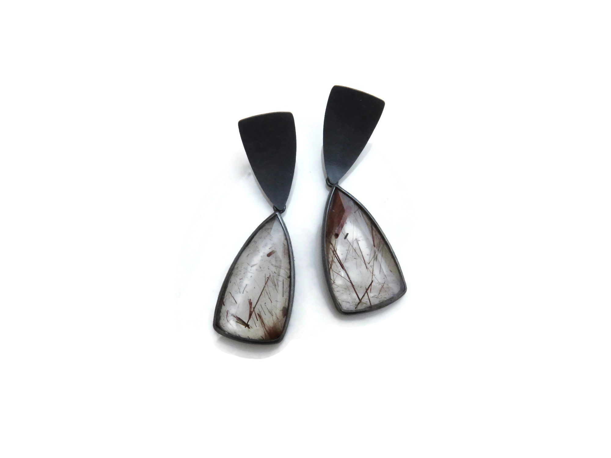 Rutile Quartz Oxidized Silver Drop Earrings