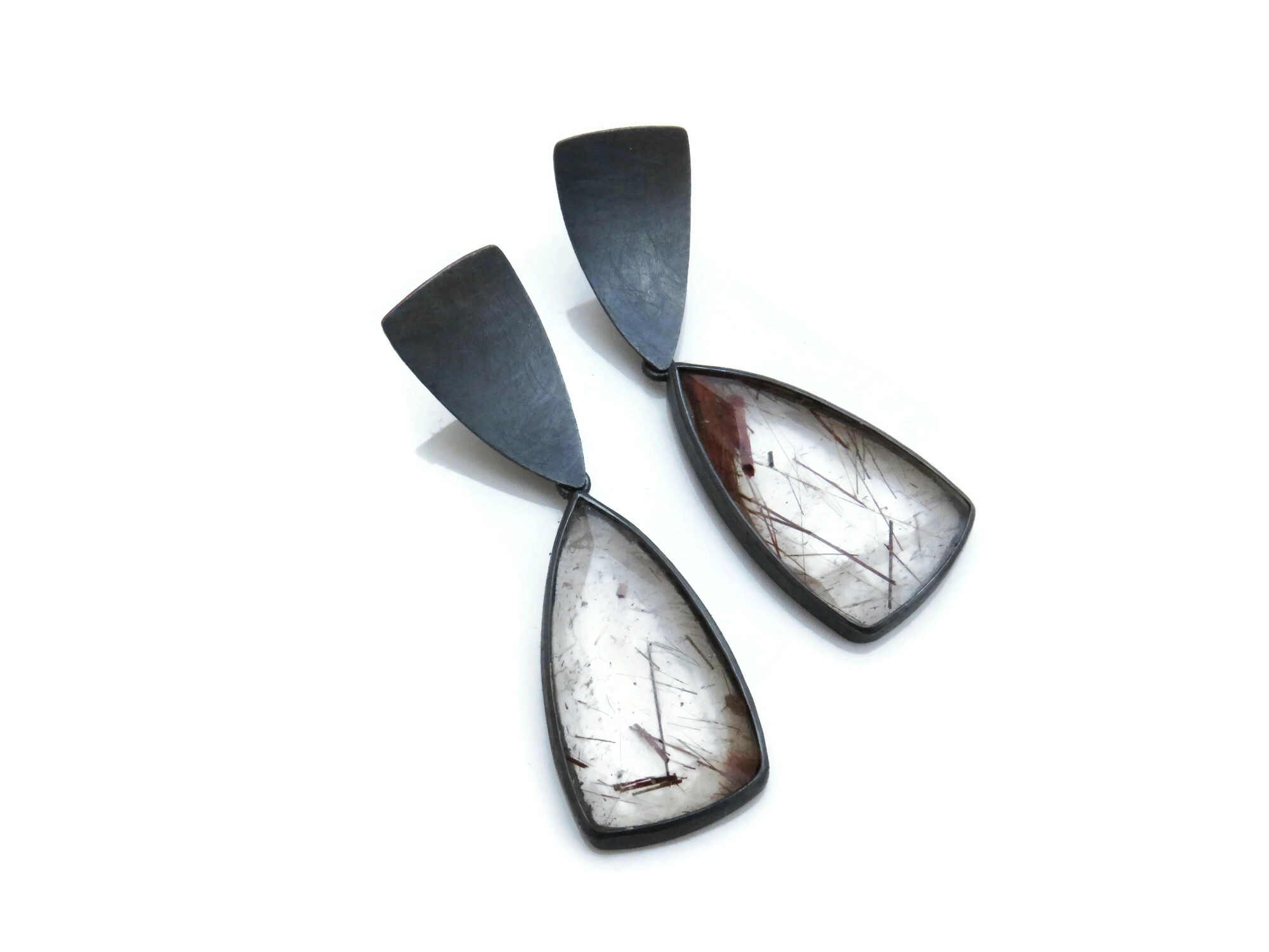 Rutile Quartz Oxidized Silver Drop Earrings