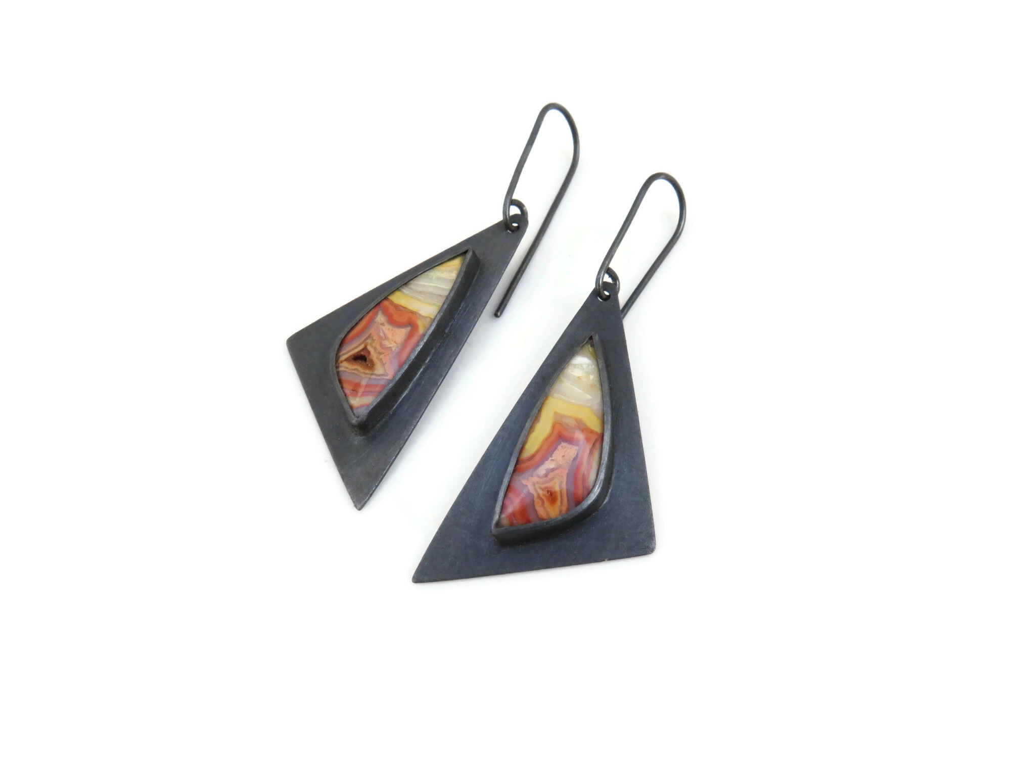 Triangular Agate Oxidized Silver Earrings