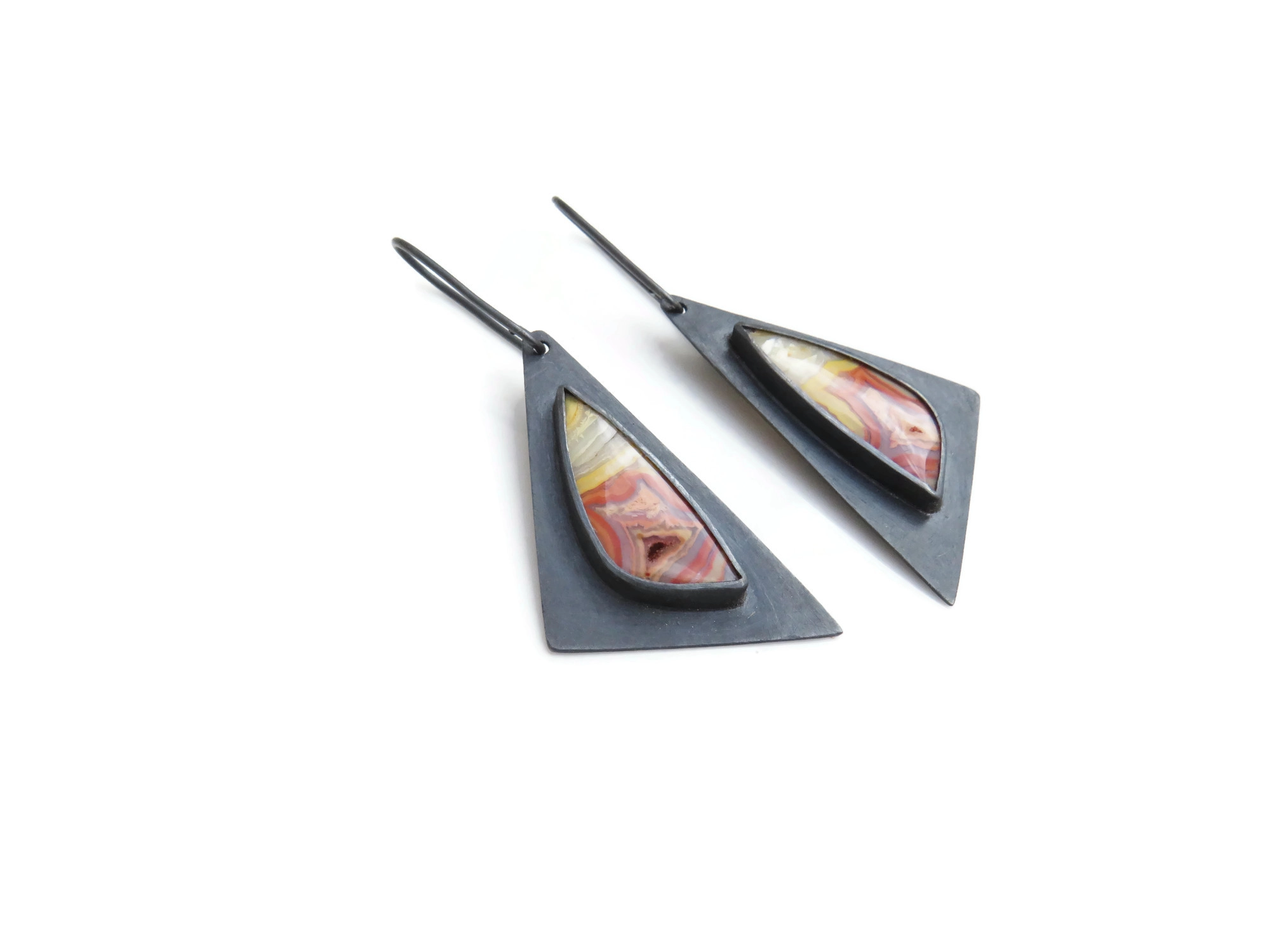 Triangular Agate Oxidized Silver Earrings