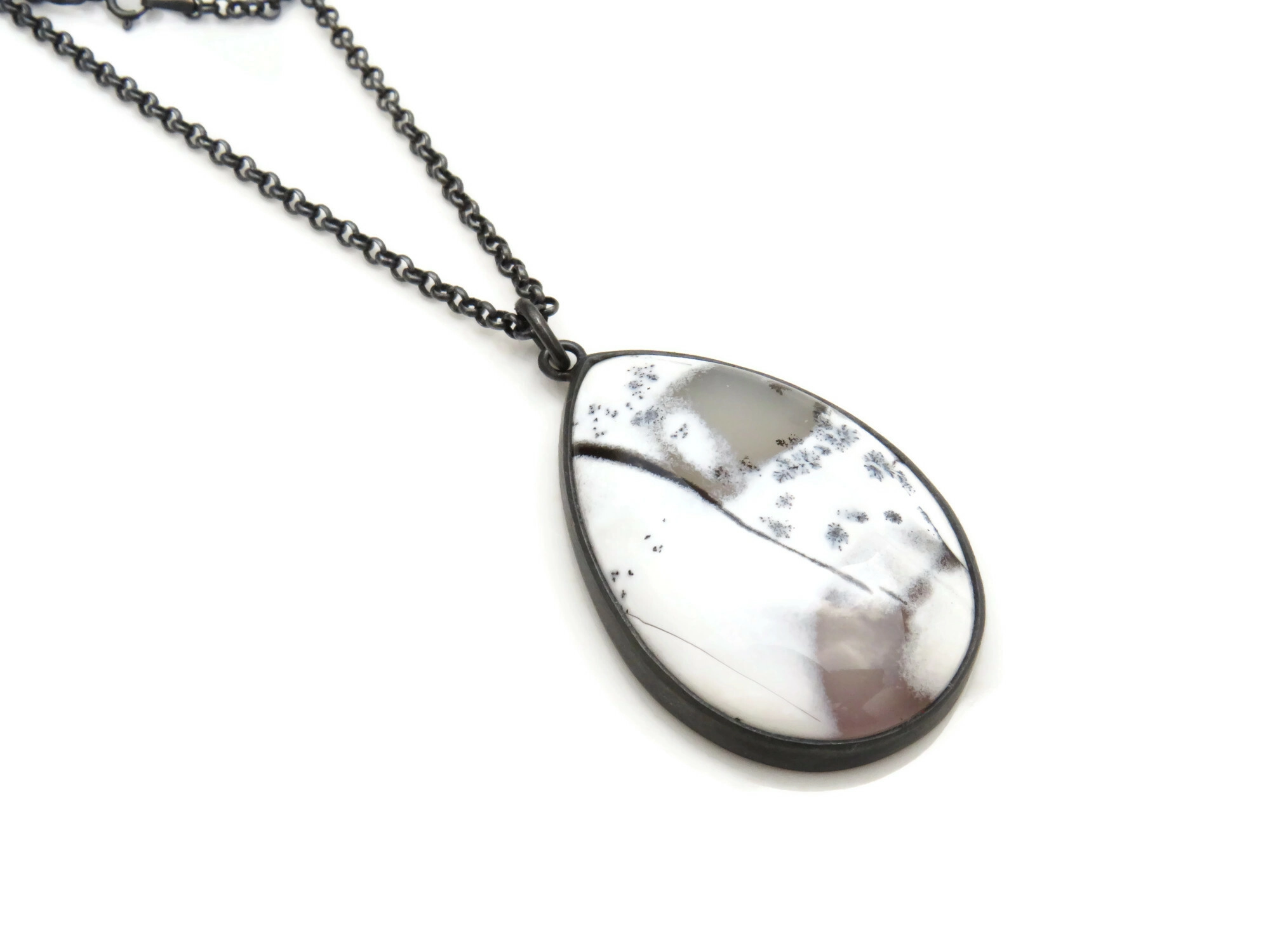 Dendritic Opal Pendant in Oxidized Silver