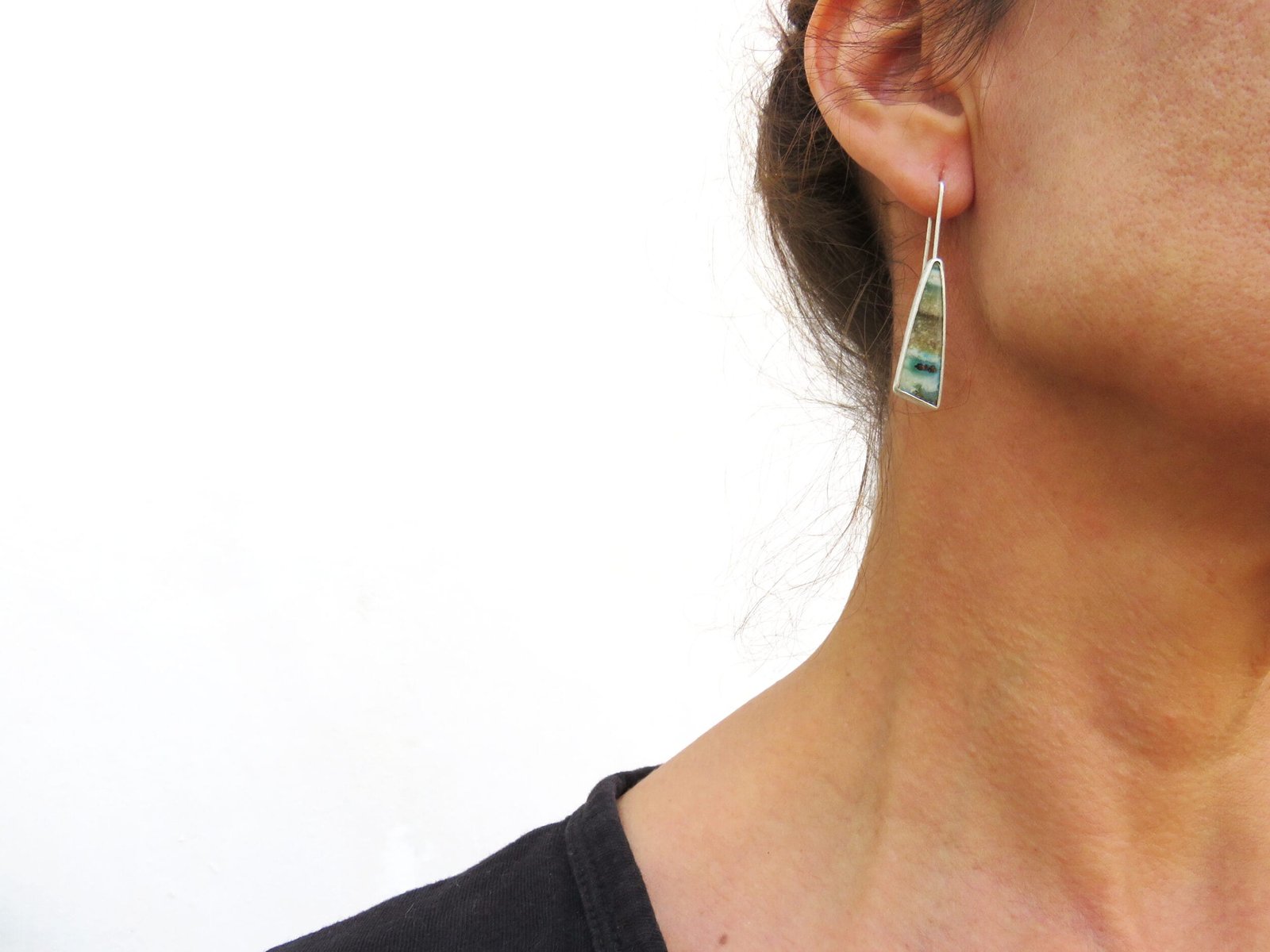 Opalized Wood Silver Dangle Earrings