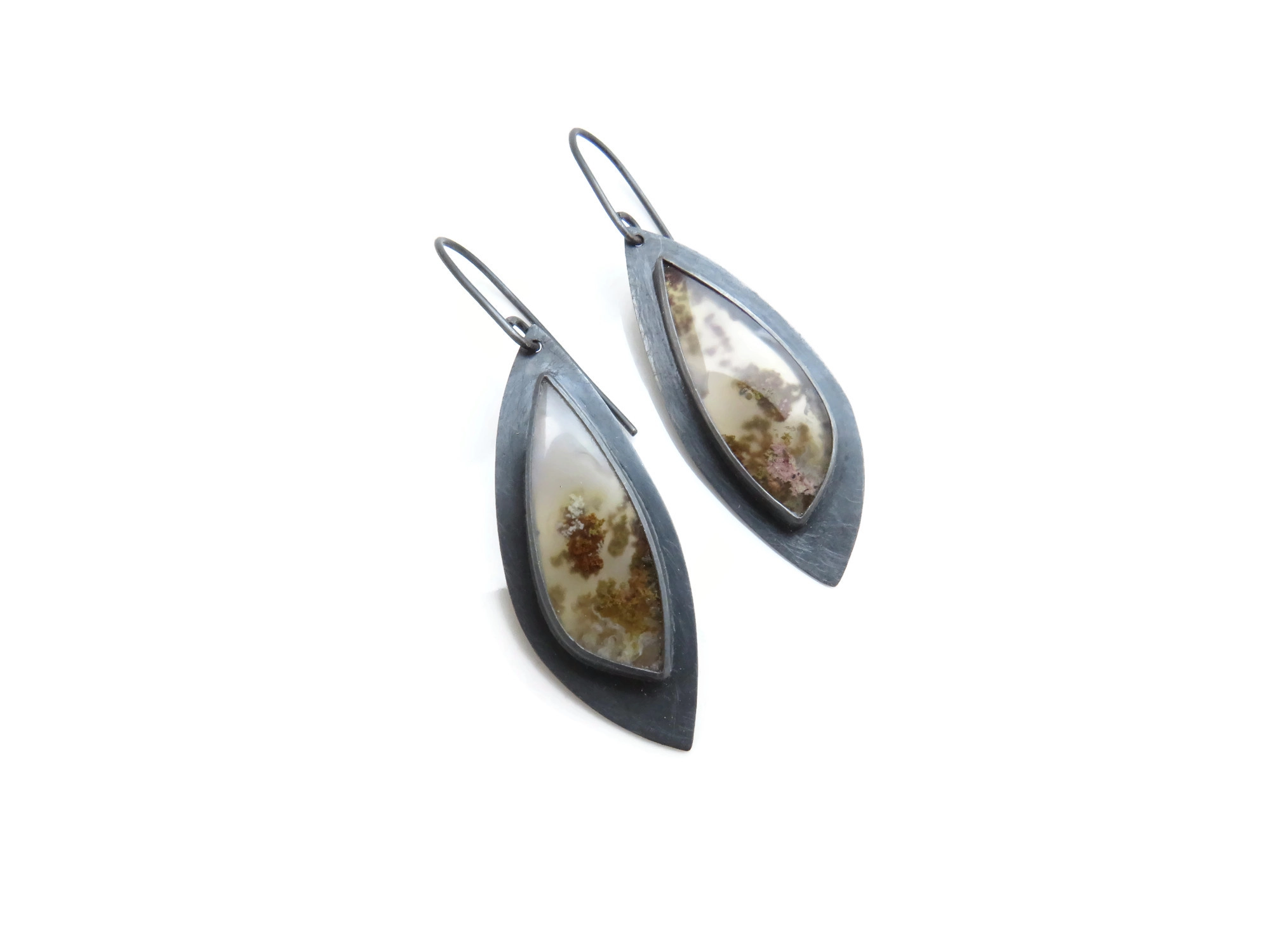 Moss Agate Oxidized Silver Earrings