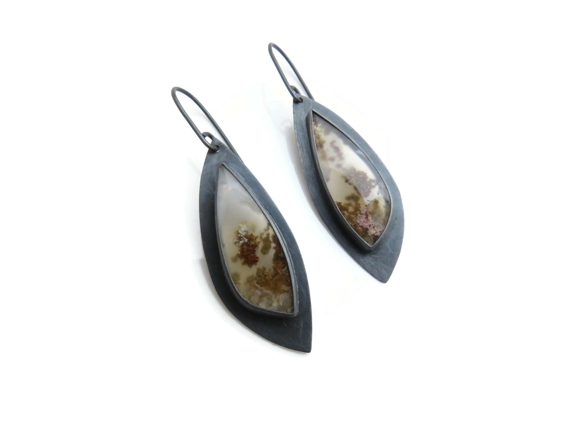 Moss Agate Oxidized Silver Earrings