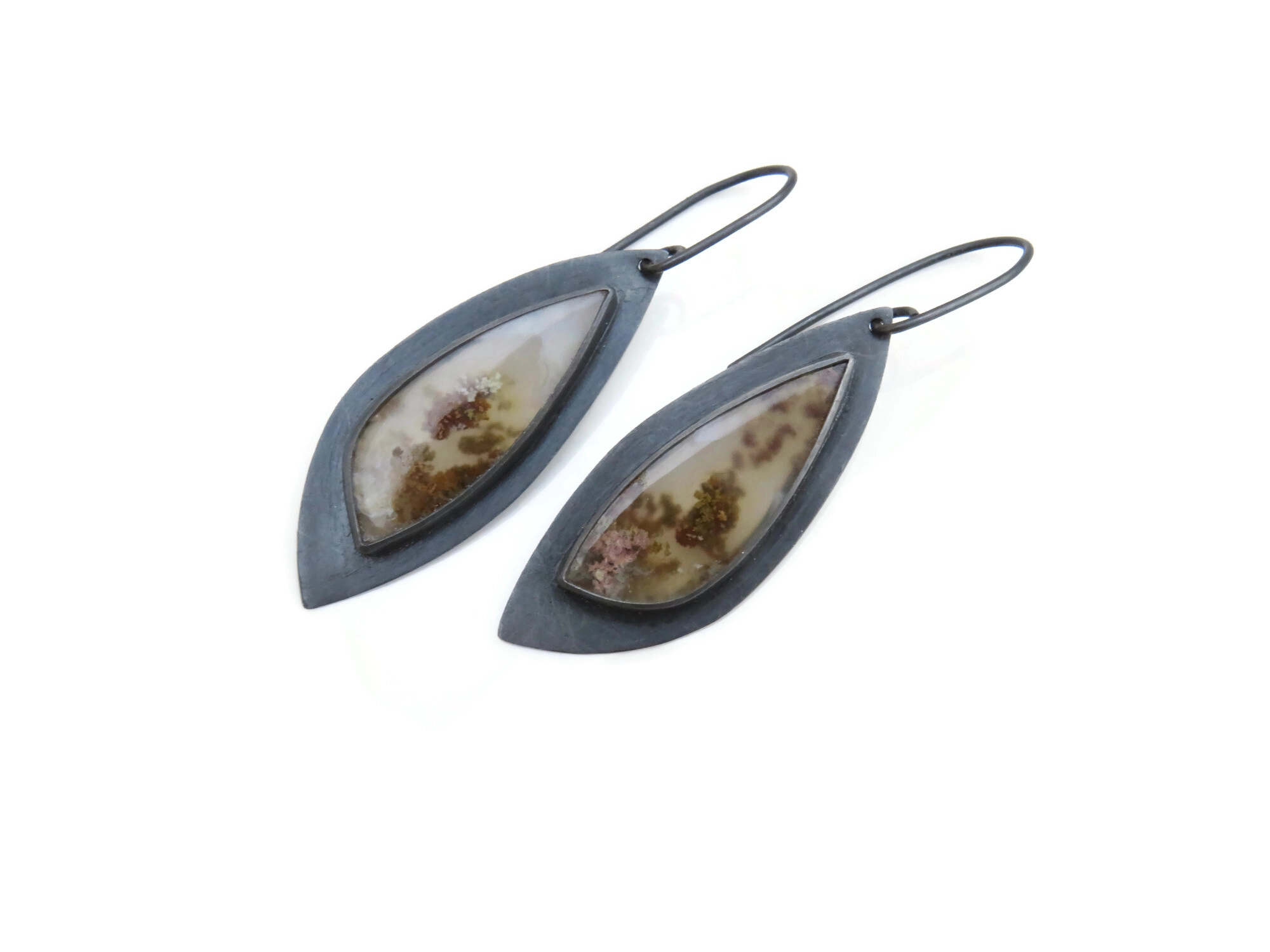 Moss Agate Oxidized Silver Earrings