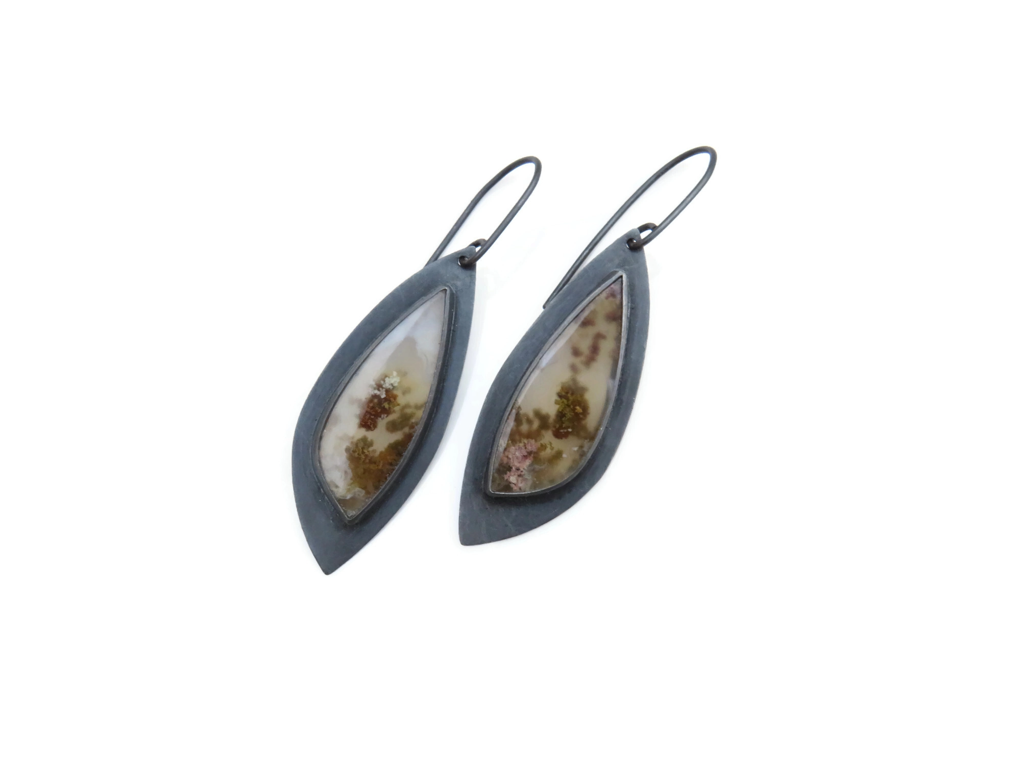 Moss Agate Oxidized Silver Earrings