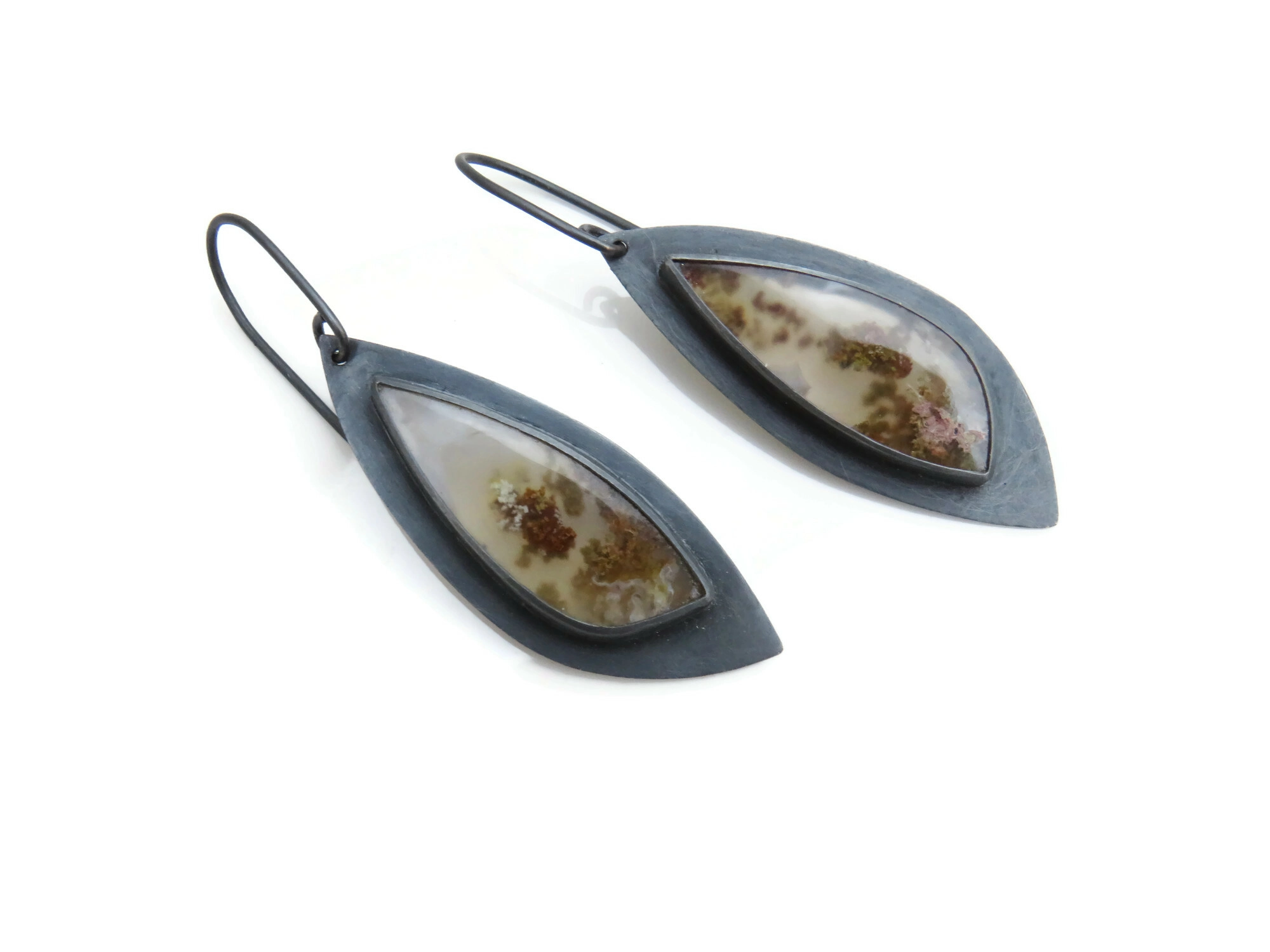 Moss Agate Oxidized Silver Earrings