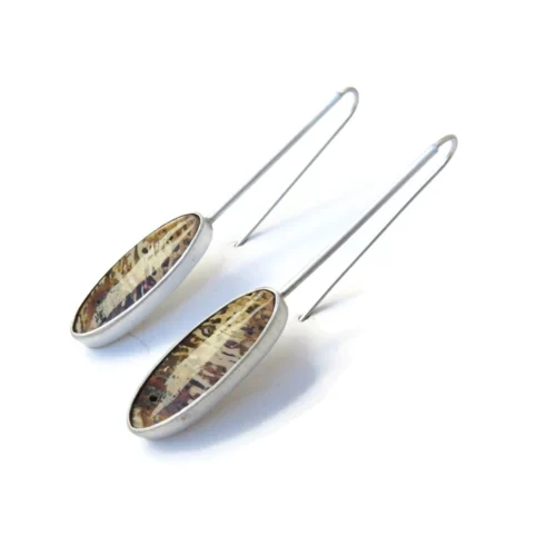 Petrified Palmwood Long Silver Earrings