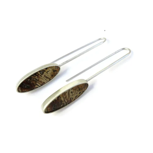 Petrified Palmwood Long Silver Earrings