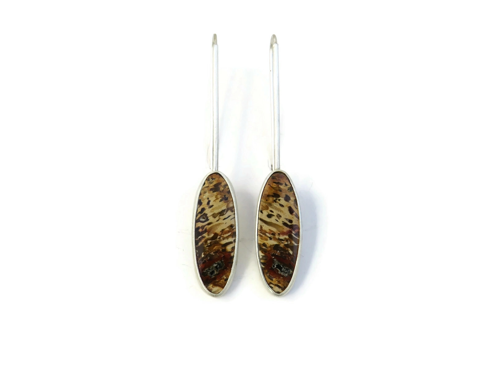 Petrified Palmwood Long Silver Earrings