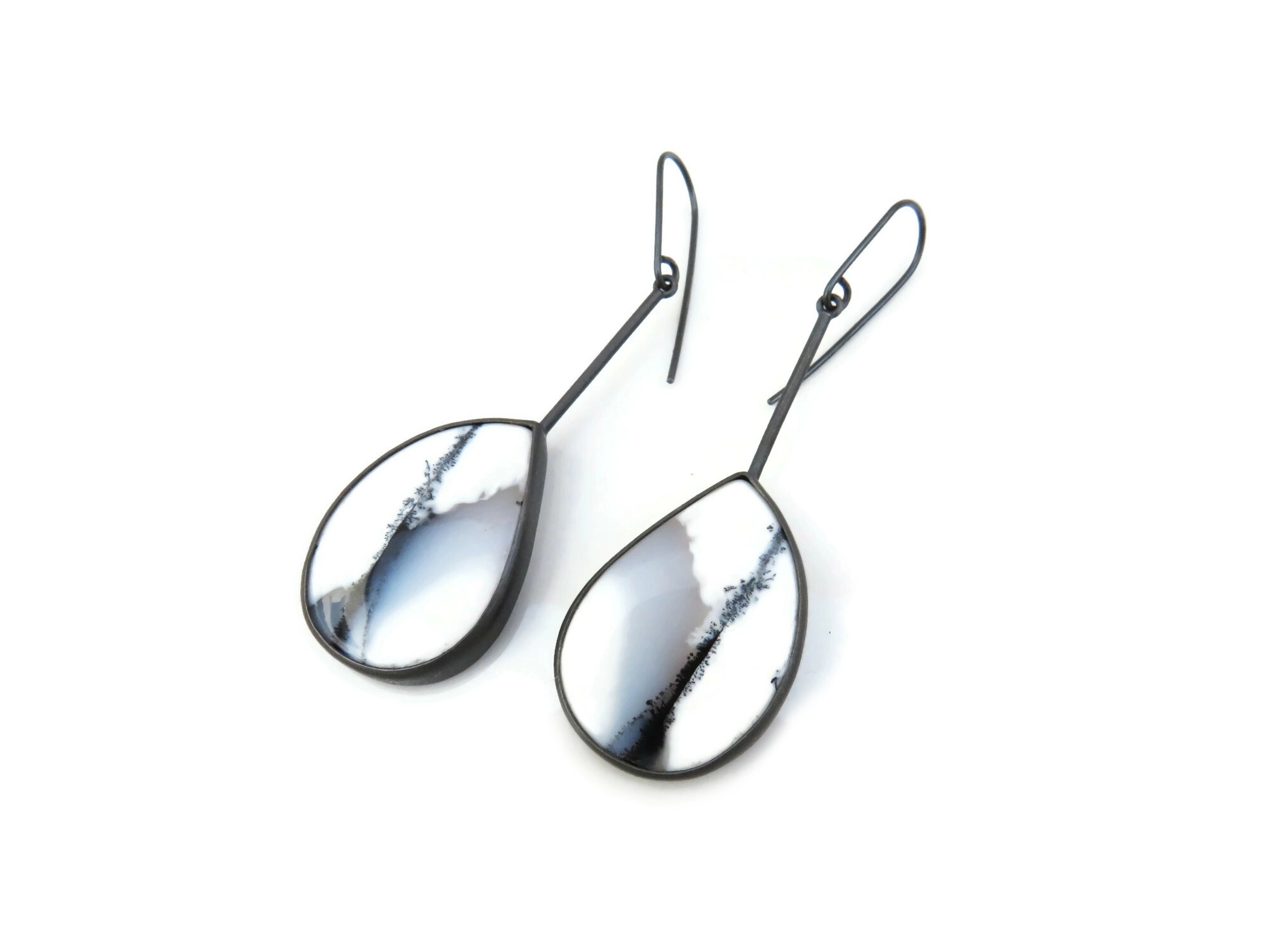 Dendritic Opal Oxidized Silver Long Earrings