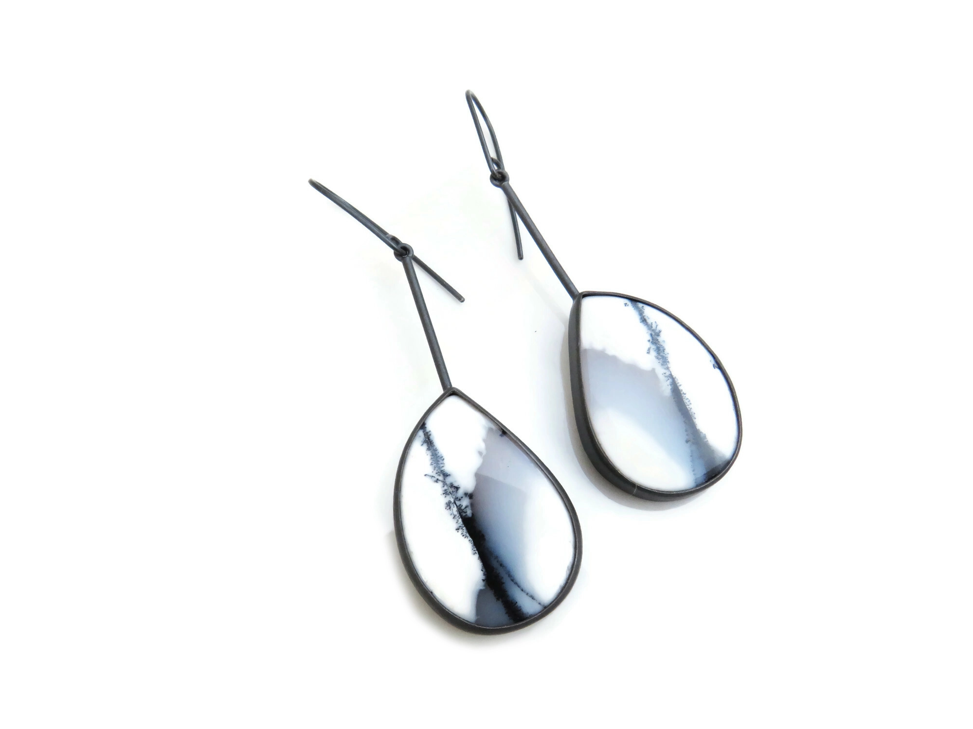 Dendritic Opal Oxidized Silver Long Earrings